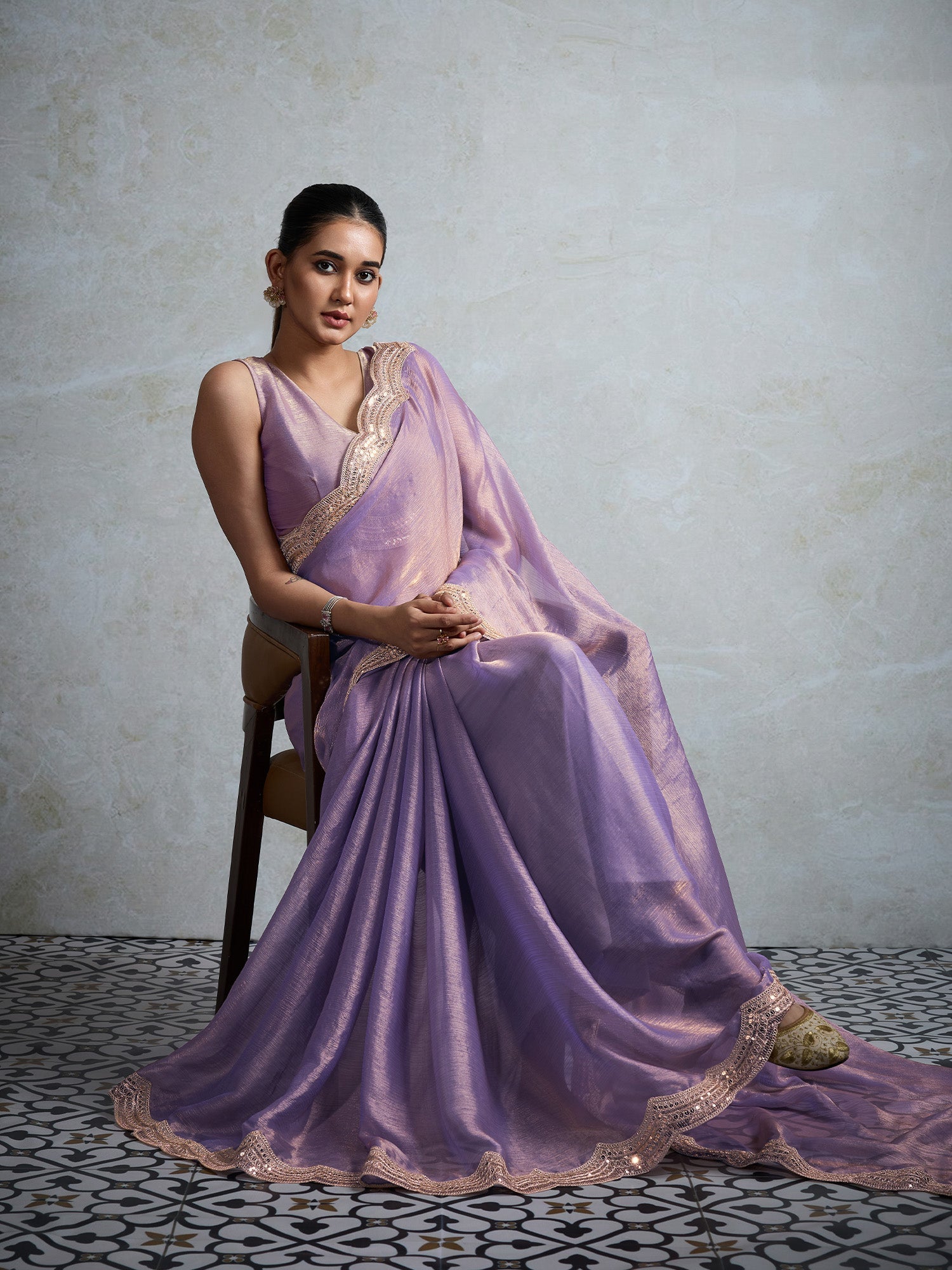 Lavender Chiffon Sequin Embroidery Saree - Ressa