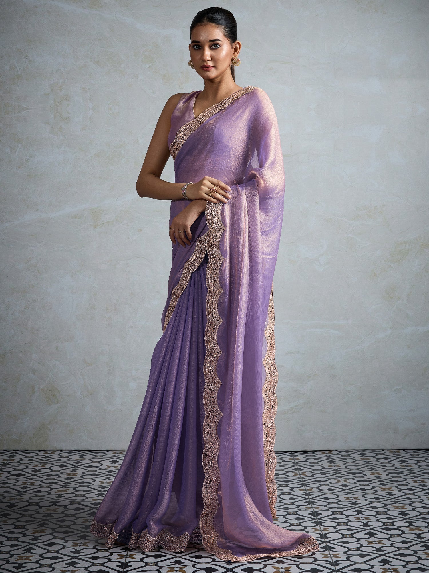 Lavender Chiffon Sequin Embroidery Saree - Ressa