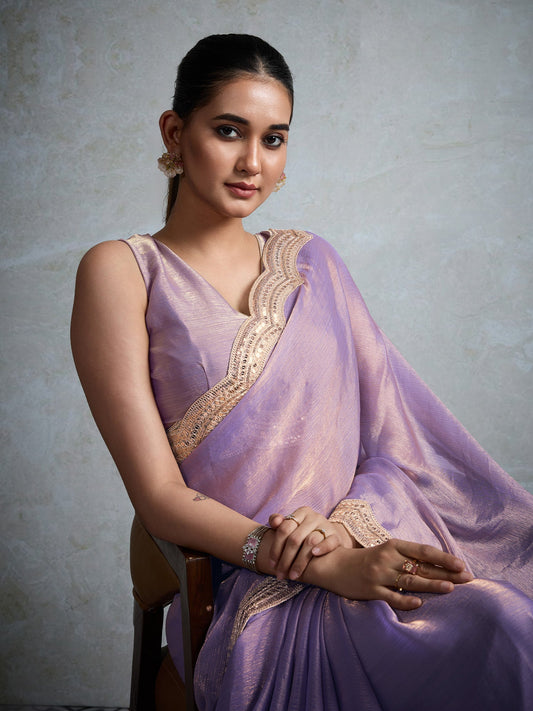 Lavender Chiffon Sequin Embroidery Saree - Ressa