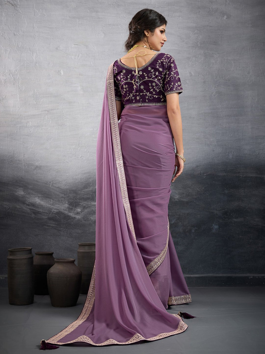 Lavender Chiffon Silk Blend Saree - Ressa