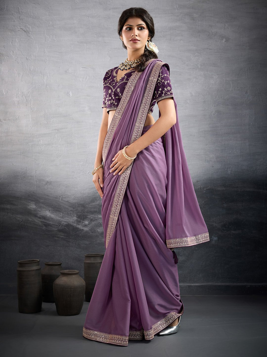 Lavender Chiffon Silk Blend Saree - Ressa