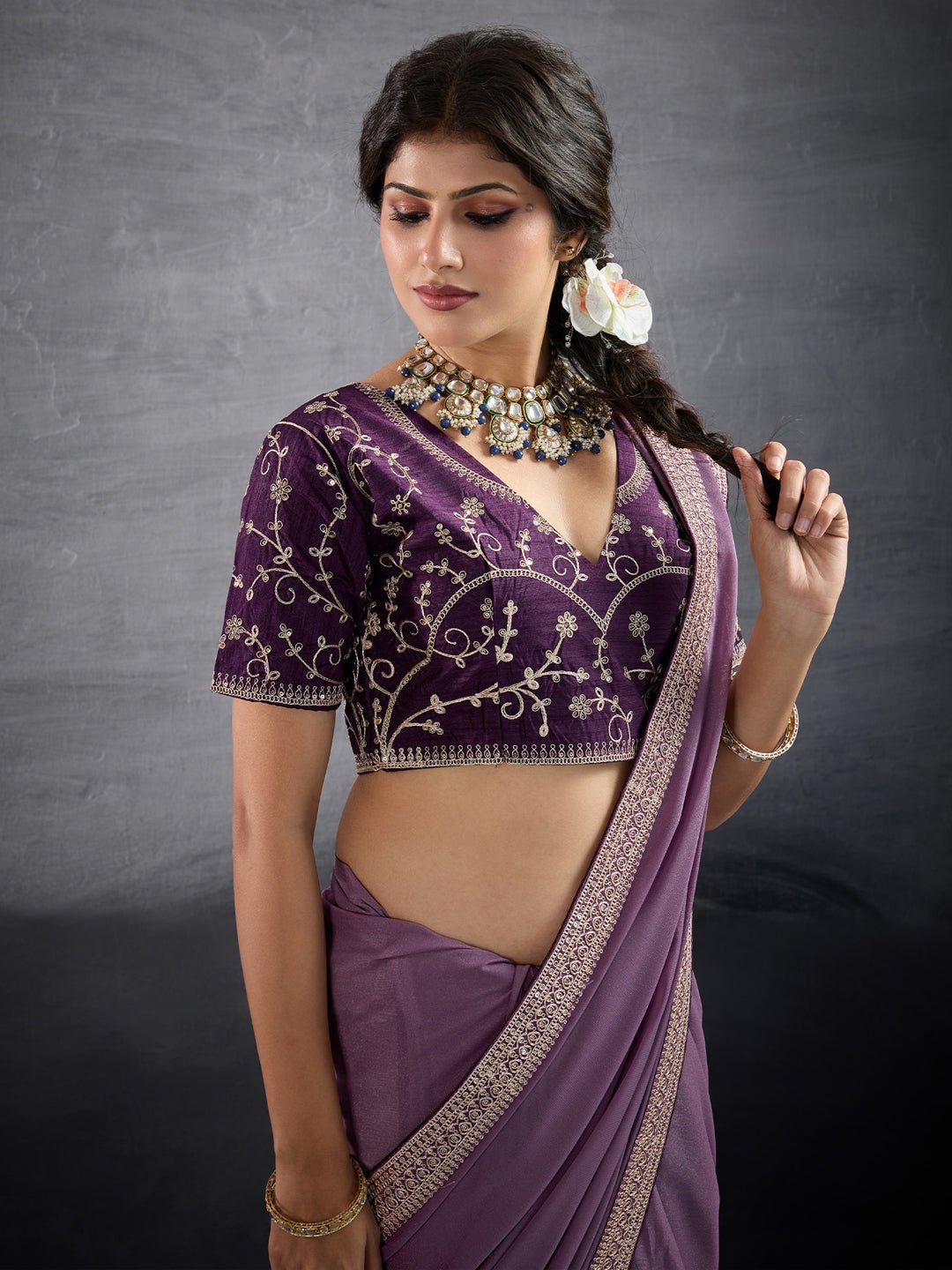 Lavender Chiffon Silk Blend Saree - Ressa