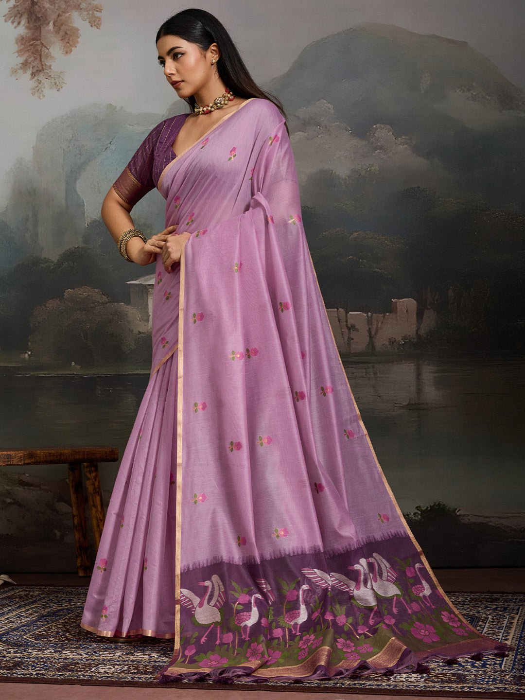 Lavender Cotton Woven Printed Saree - Ressa