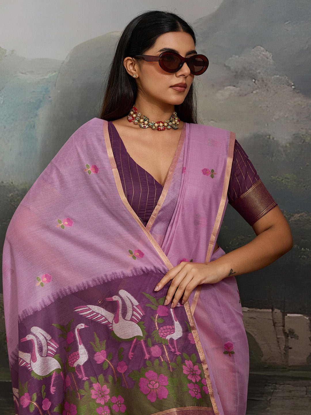 Lavender Cotton Woven Printed Saree - Ressa