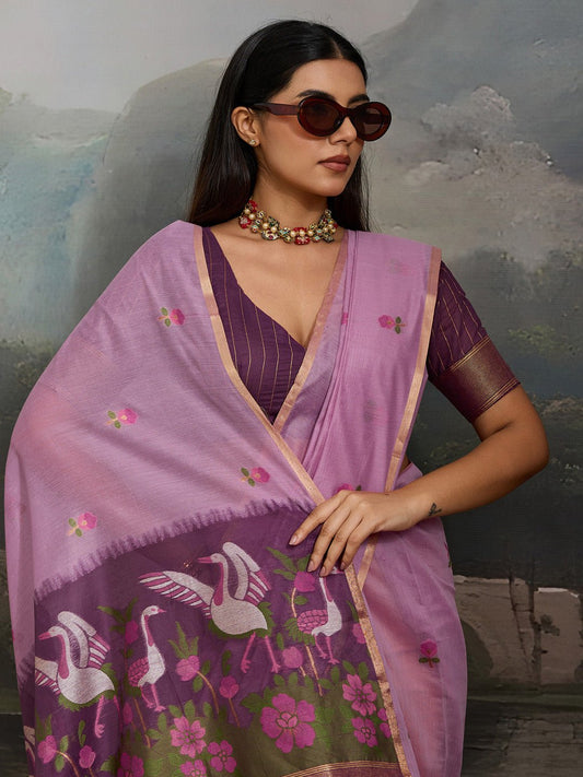 Lavender Cotton Woven Printed Saree - Ressa