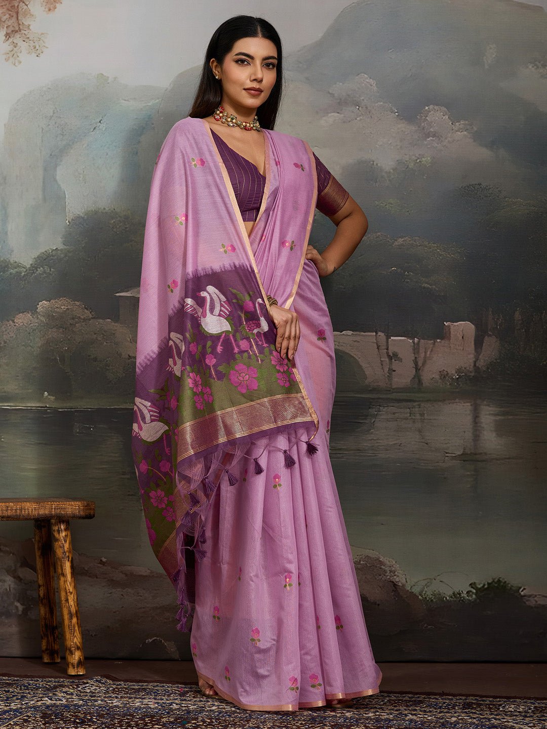 Lavender Cotton Woven Printed Saree - Ressa