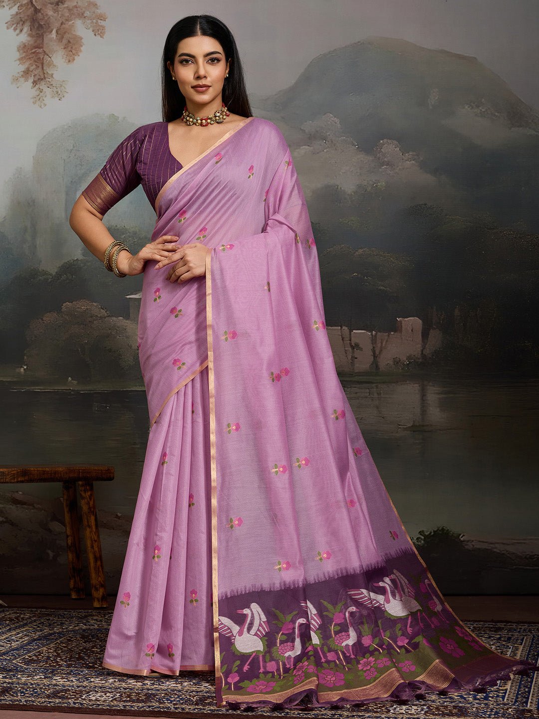 Lavender Cotton Woven Printed Saree - Ressa
