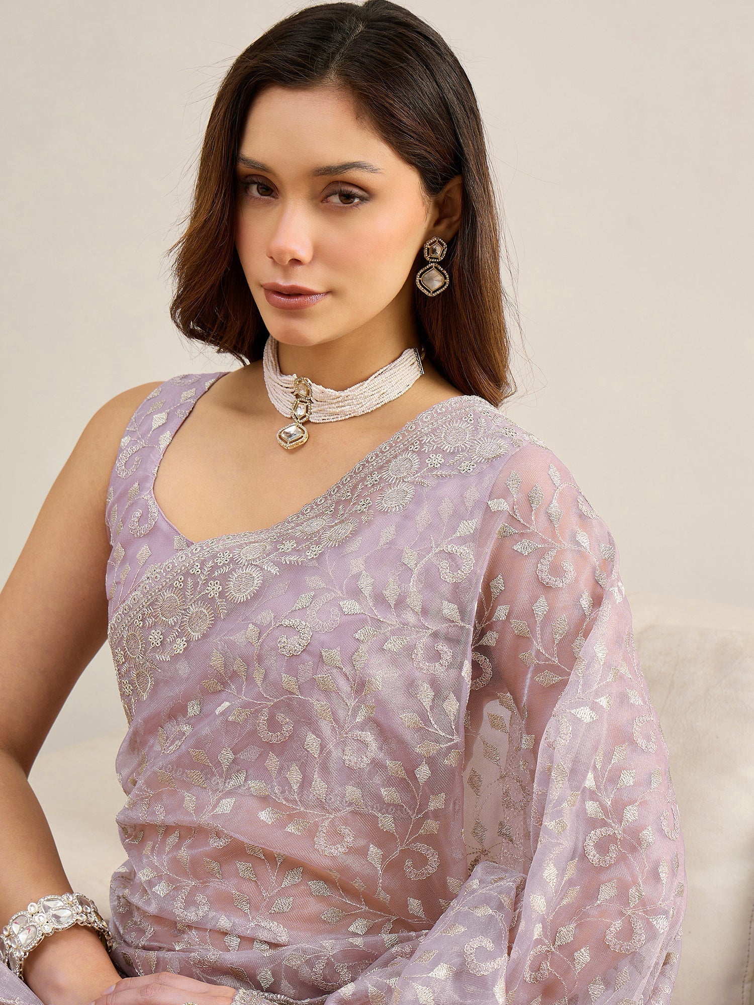 Lavender Embroidered Organza Saree - Ressa