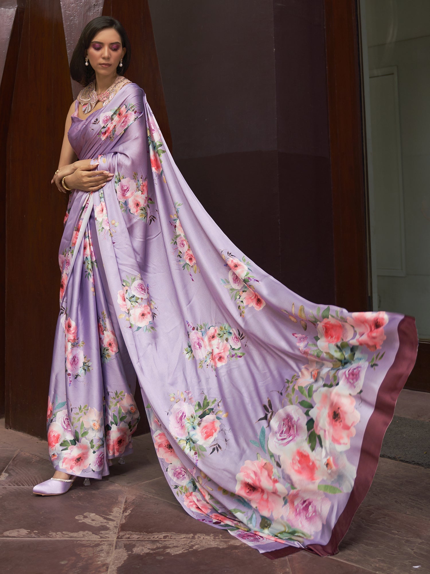 Lavender Floral Print Satin Saree with Embroidered Blouse - Ressa