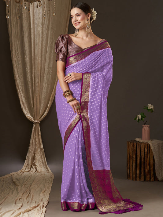 Lavender Floral Silk Saree with Zari Woven - Ressa