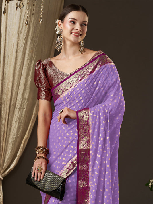Lavender Floral Silk Saree with Zari Woven - Ressa