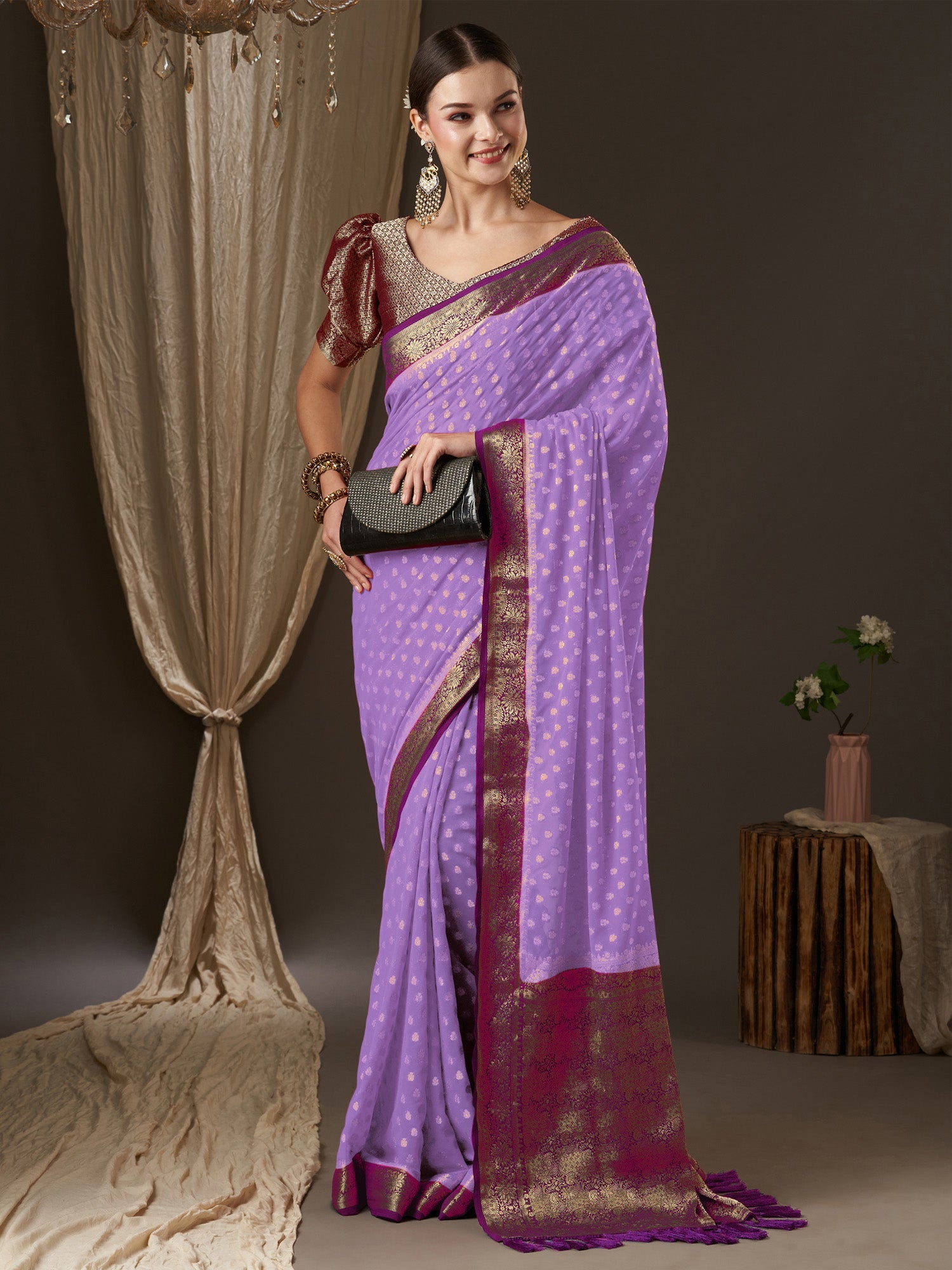 Lavender Floral Silk Saree with Zari Woven - Ressa