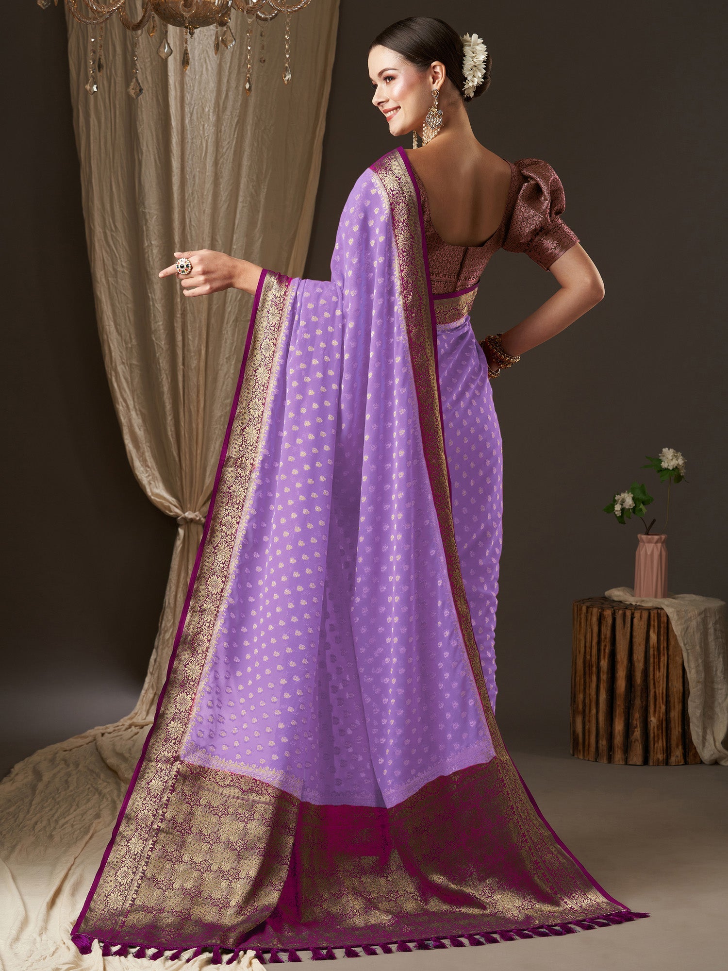 Lavender Floral Silk Saree with Zari Woven - Ressa