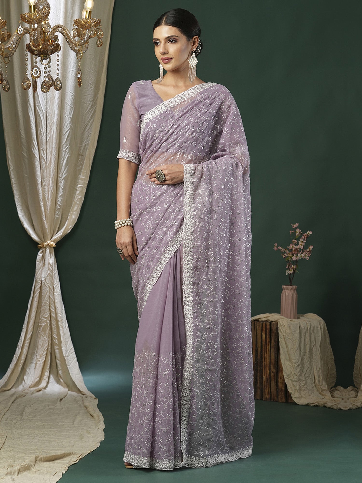 Lavender Georgette Embroidered Saree - Ressa