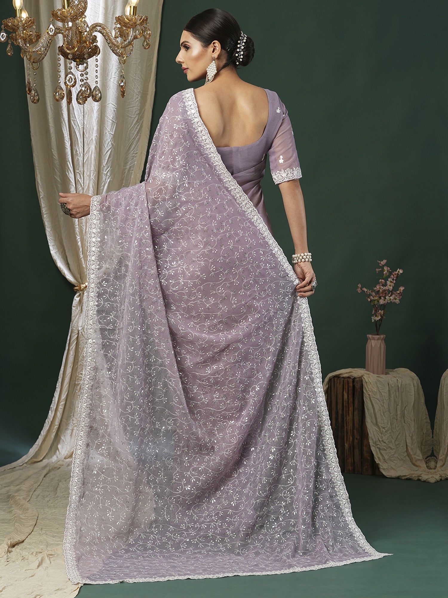 Lavender Georgette Embroidered Saree - Ressa