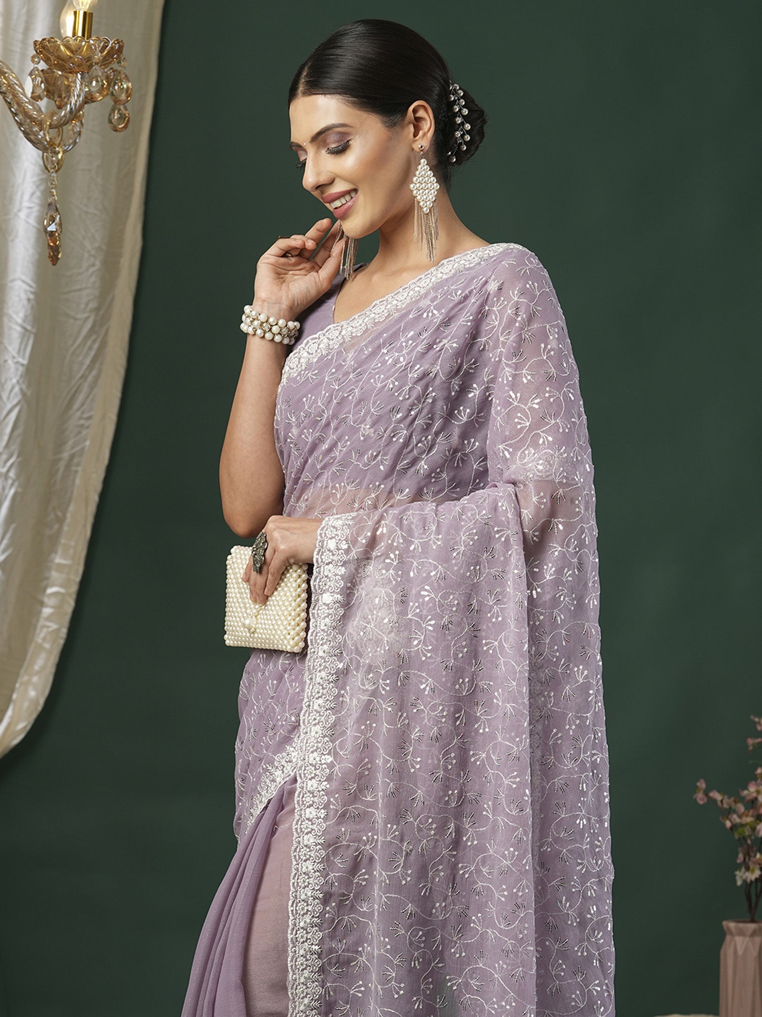 Lavender Georgette Embroidered Saree - Ressa