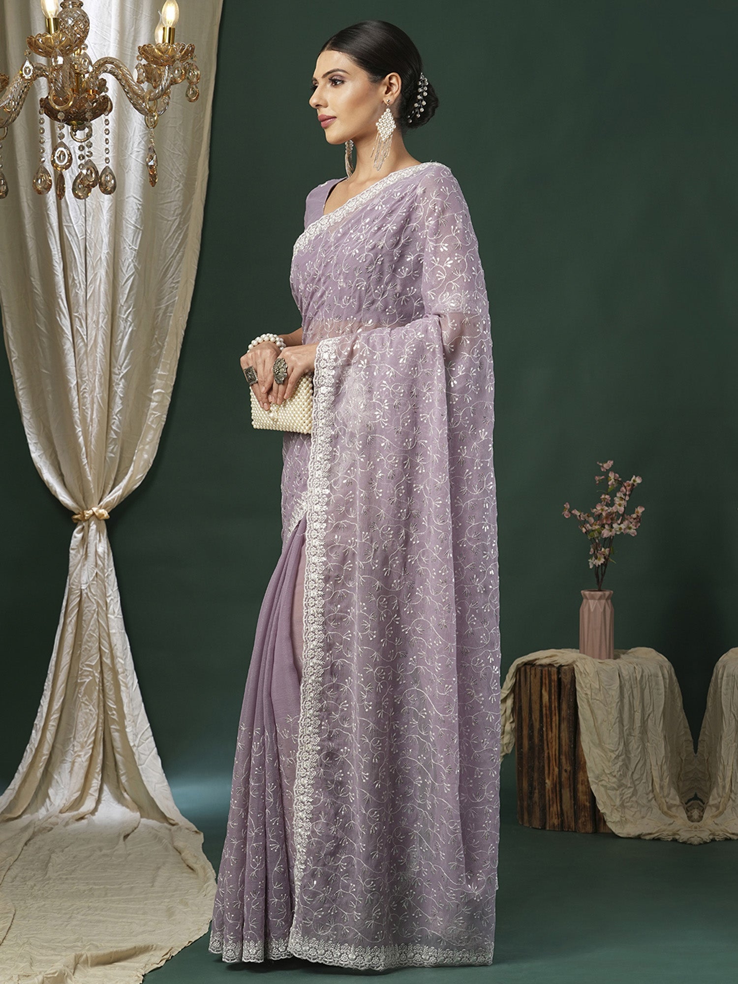Lavender Georgette Embroidered Saree - Ressa