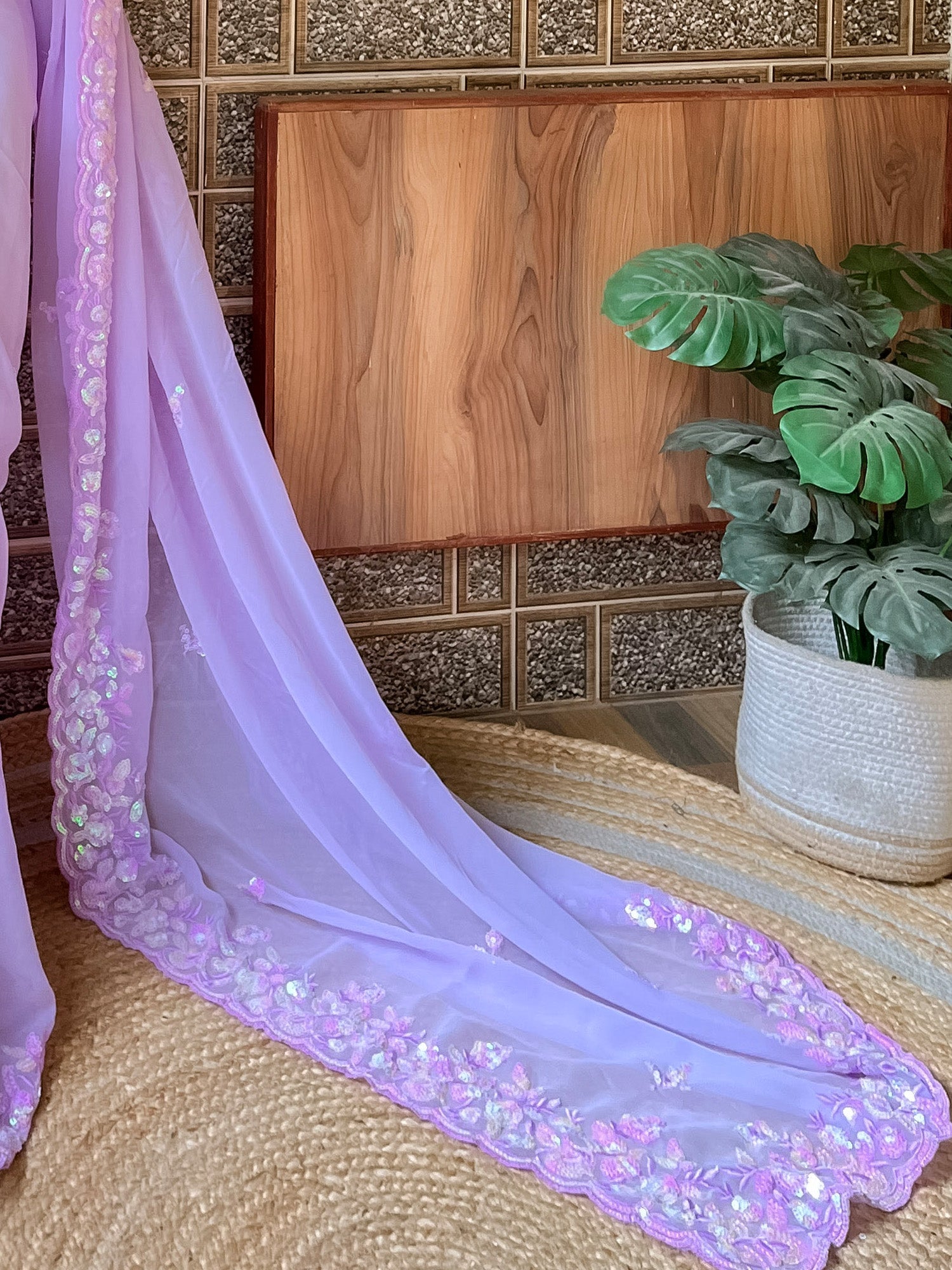 Lavender Georgette Multi-Color Floral Sequin Embroidery Scalloped Border Blouse Saree - Ressa