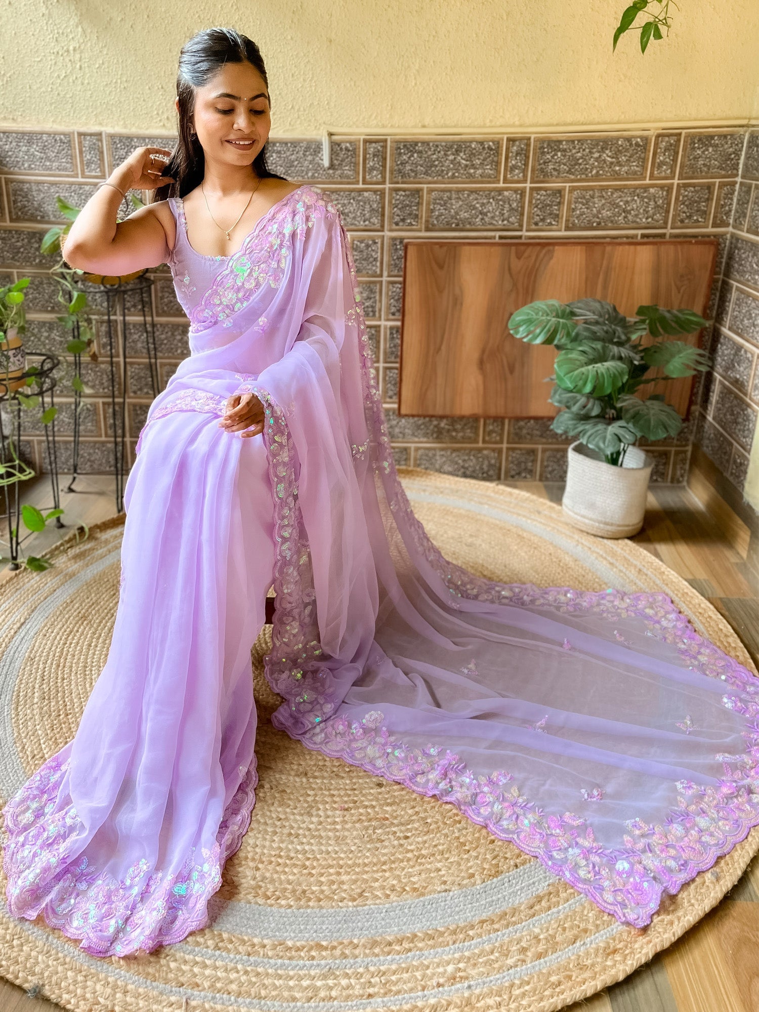 Lavender Georgette Multi-Color Floral Sequin Embroidery Scalloped Border Blouse Saree - Ressa