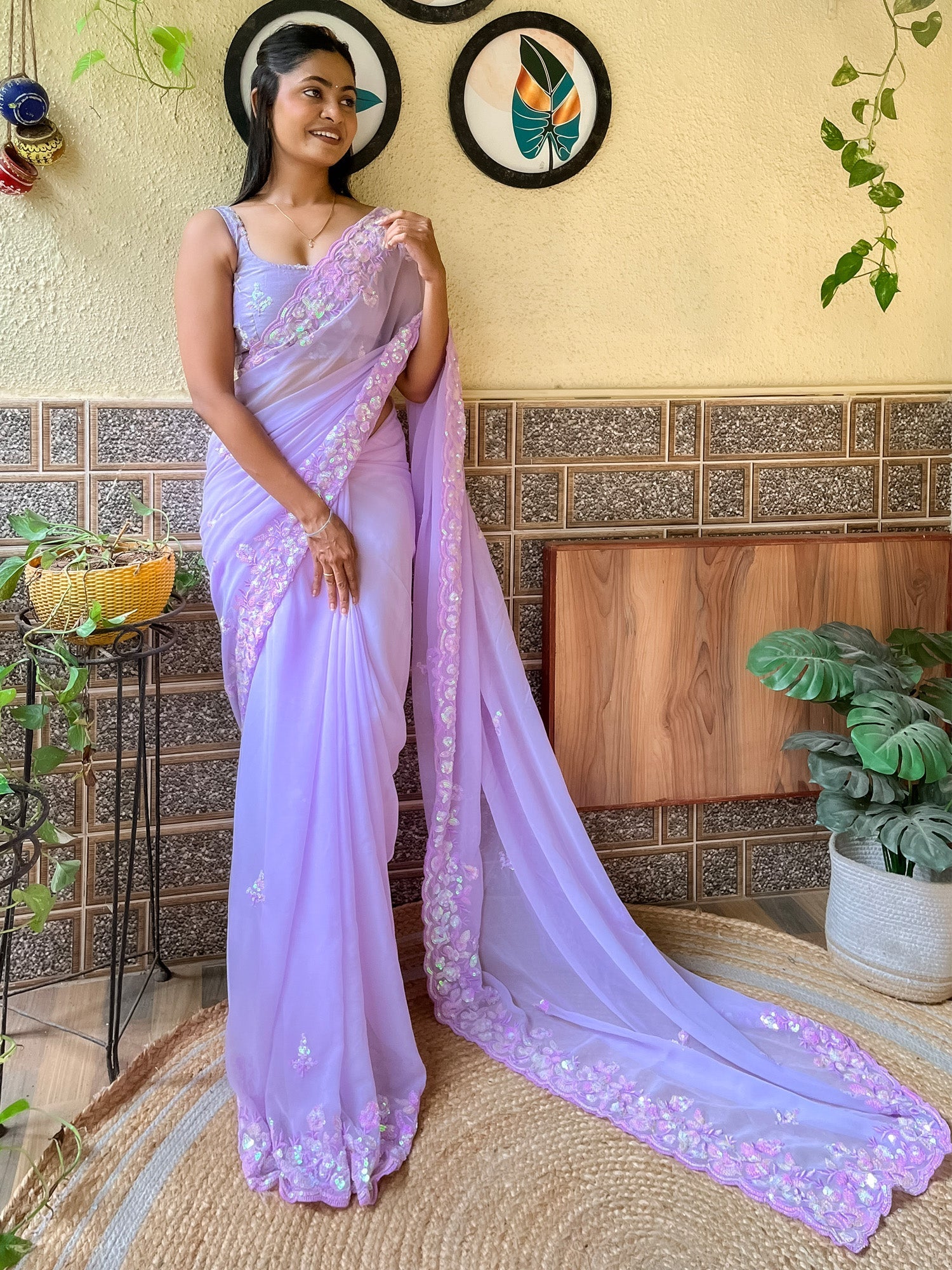 Lavender Georgette Multi-Color Floral Sequin Embroidery Scalloped Border Blouse Saree - Ressa