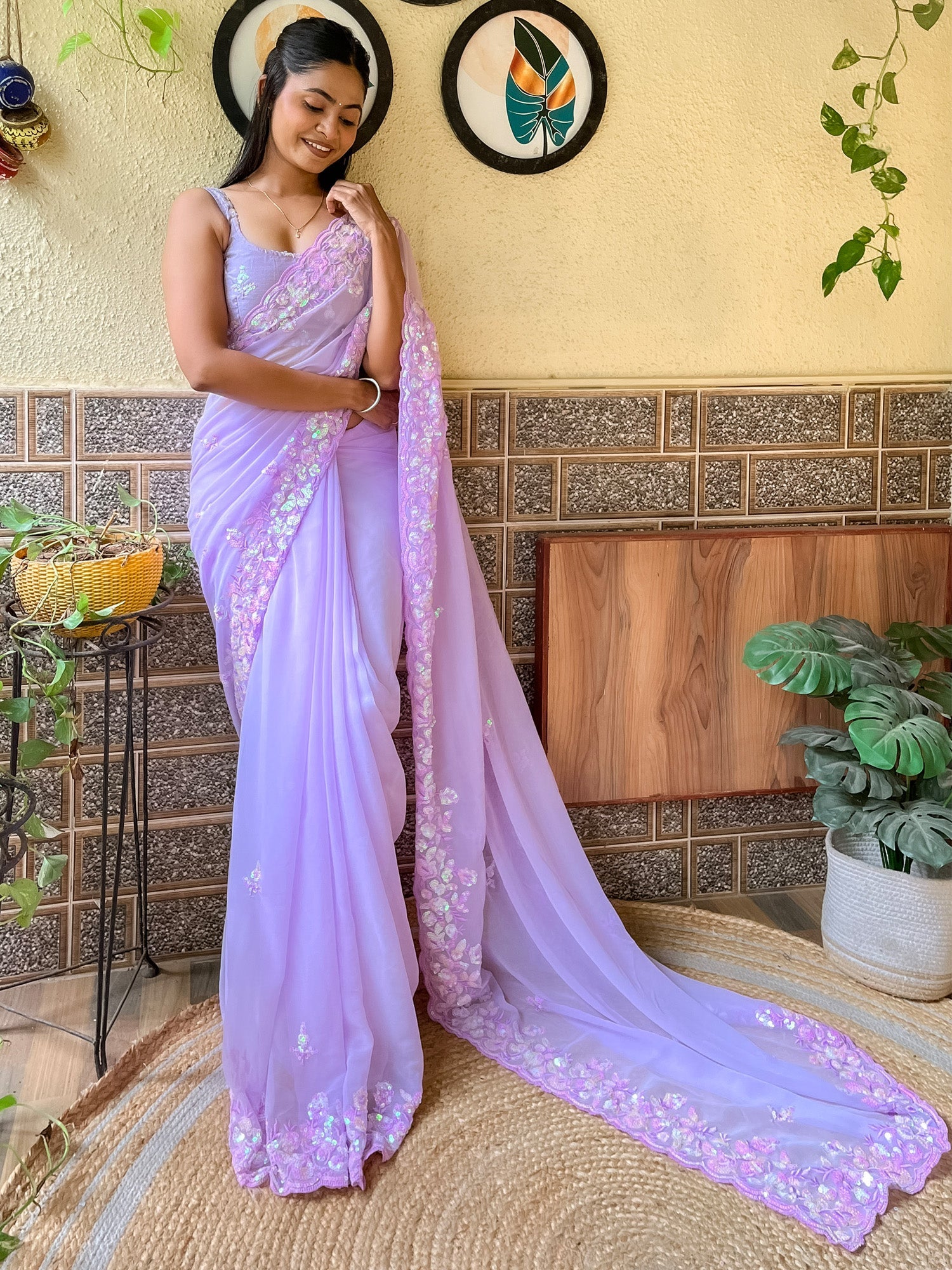 Lavender Georgette Multi-Color Floral Sequin Embroidery Scalloped Border Blouse Saree - Ressa
