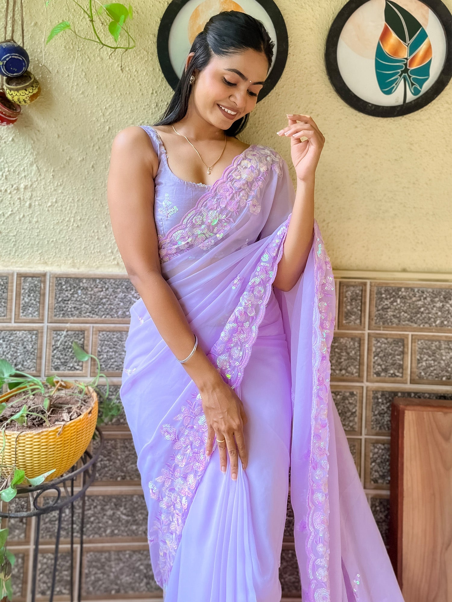 Lavender Georgette Multi-Color Floral Sequin Embroidery Scalloped Border Blouse Saree - Ressa