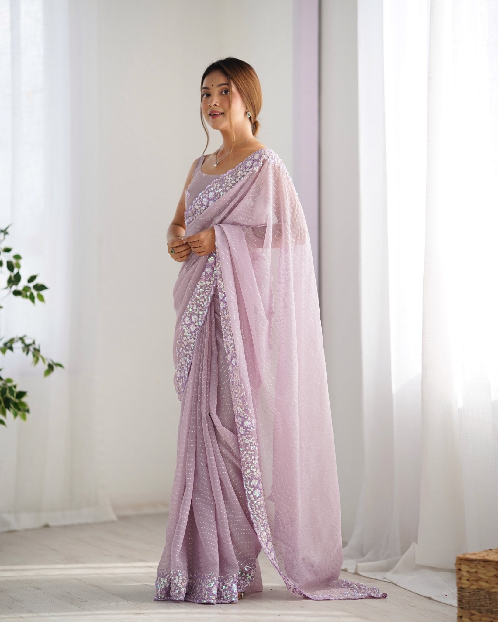 Lavender Georgette Saree with Embroidery Border - Ressa