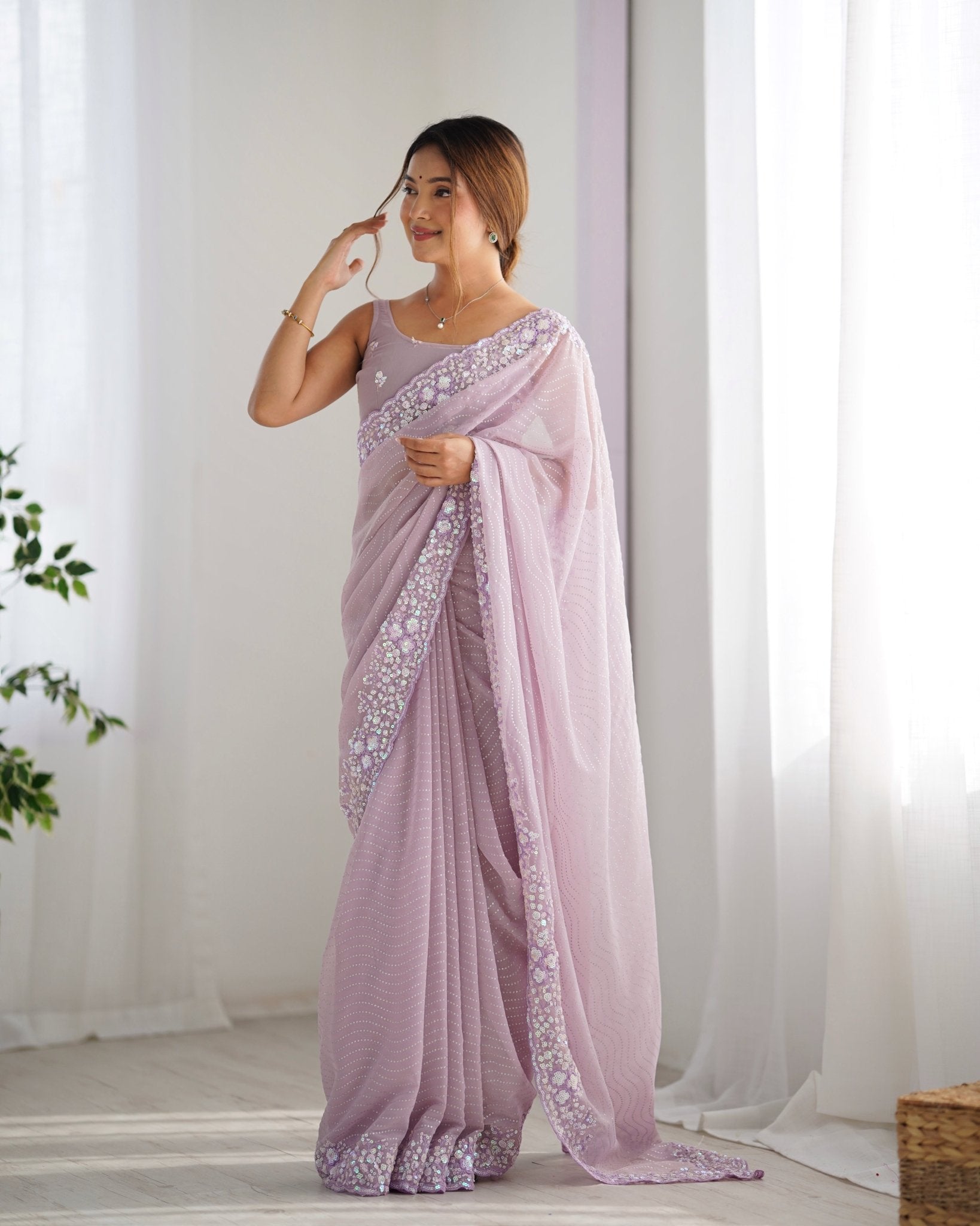 Lavender Georgette Saree with Embroidery Border - Ressa