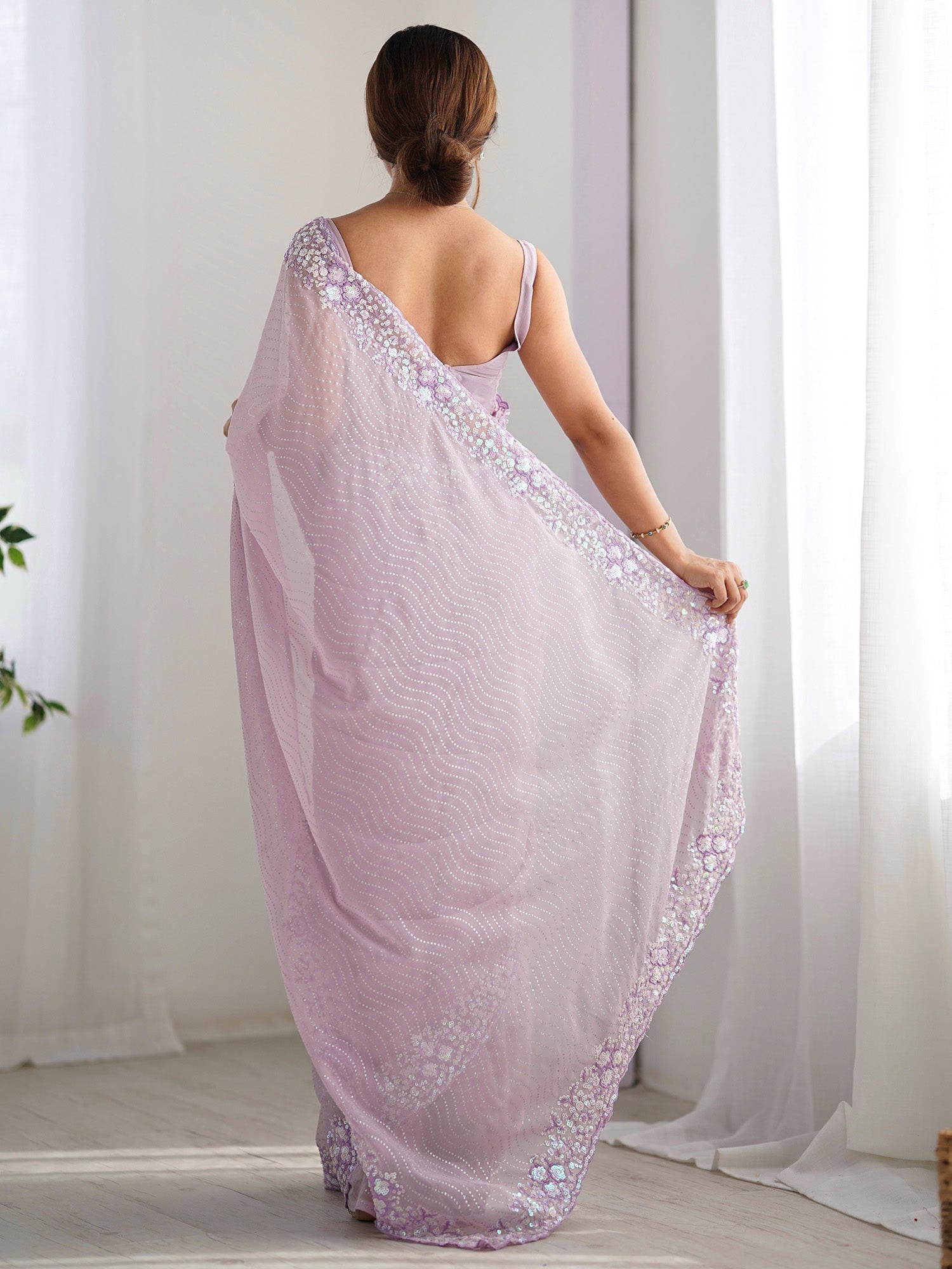 Lavender Georgette Saree with Embroidery Border - Ressa