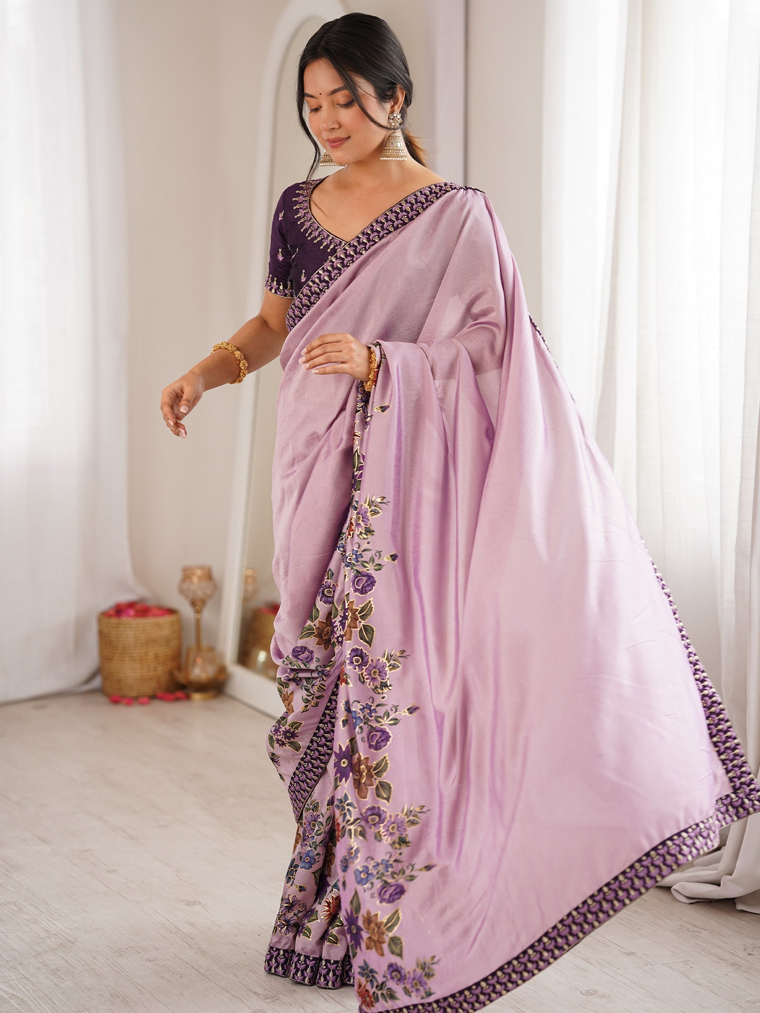 Lavender Georgette Saree with Floral Digital Print - Ressa