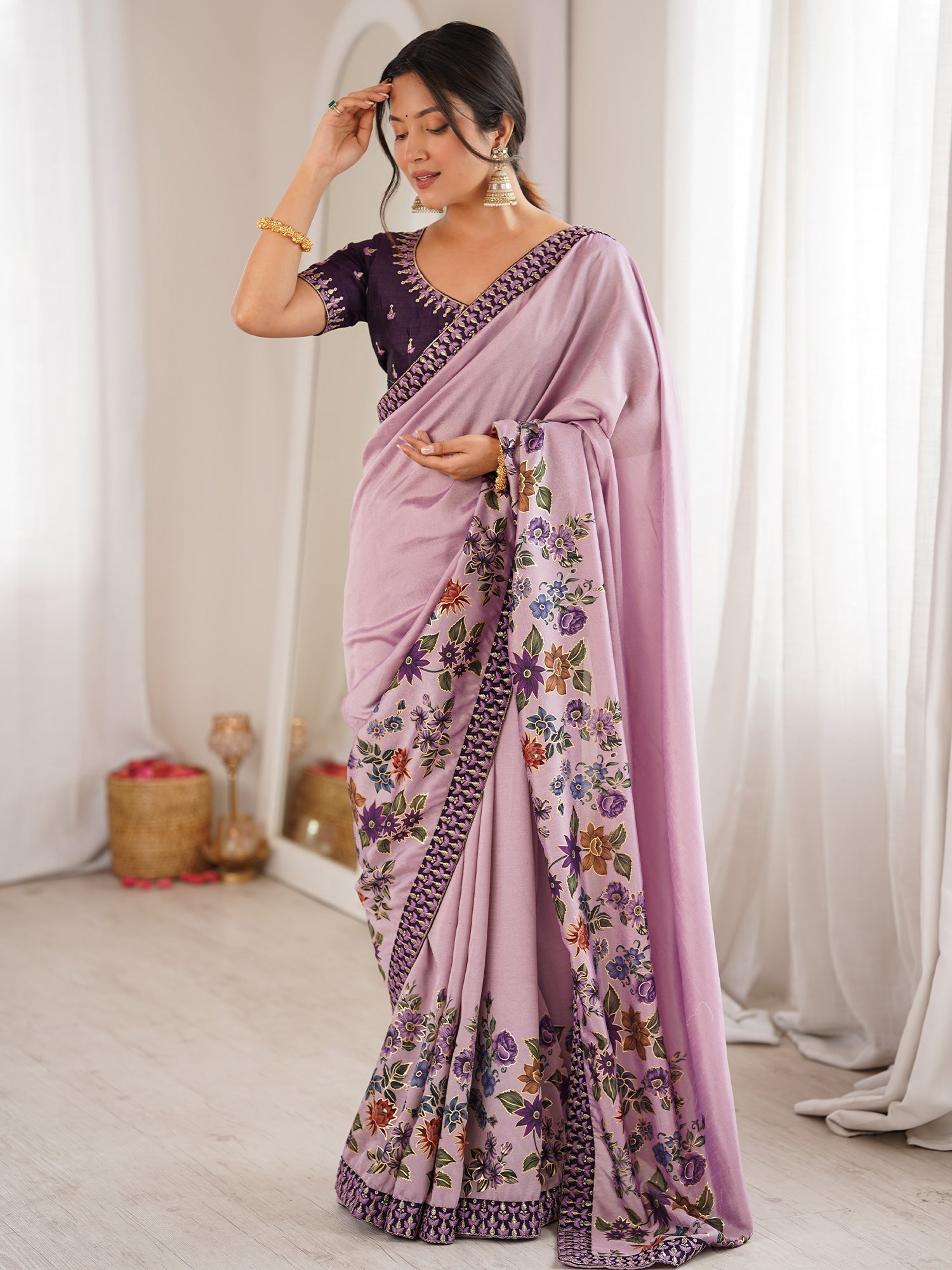 Lavender Georgette Saree with Floral Digital Print - Ressa
