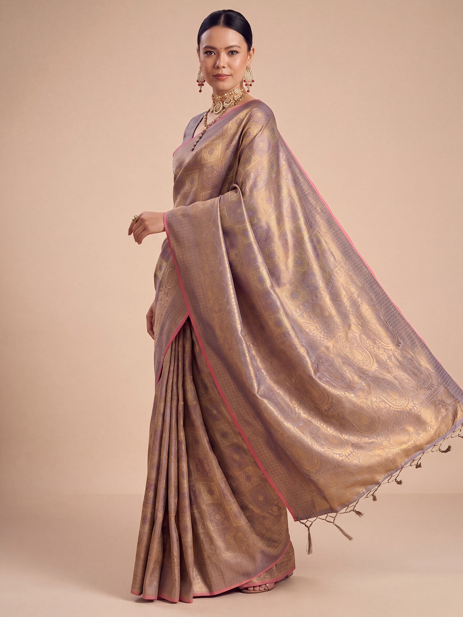Lavender Gold Banarasi Tissue Silk Saree - Ressa