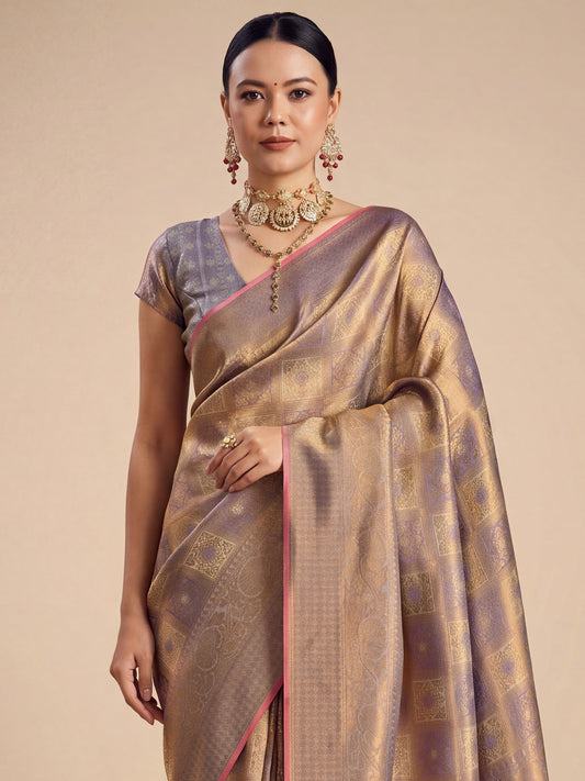 Lavender Gold Banarasi Tissue Silk Saree - Ressa