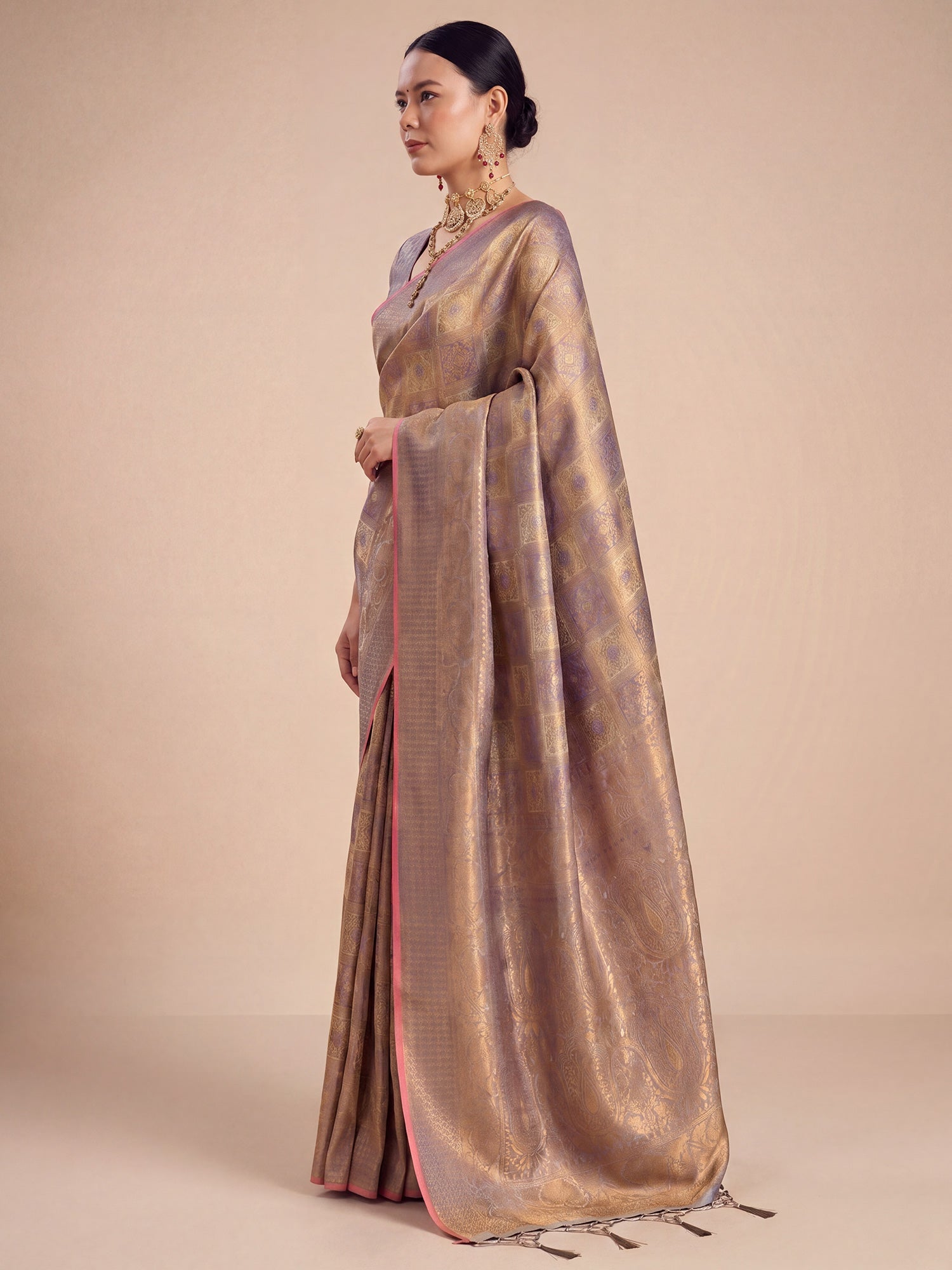 Lavender Gold Banarasi Tissue Silk Saree - Ressa