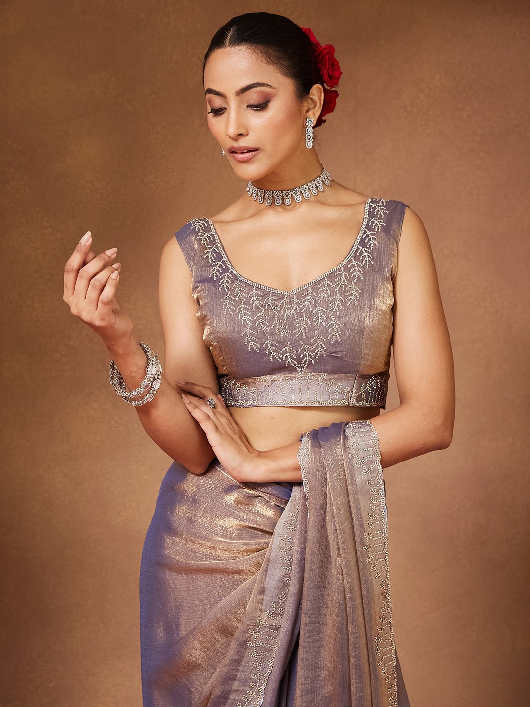 Lavender Grey Georgette Sequin Embroidered Border - Ressa