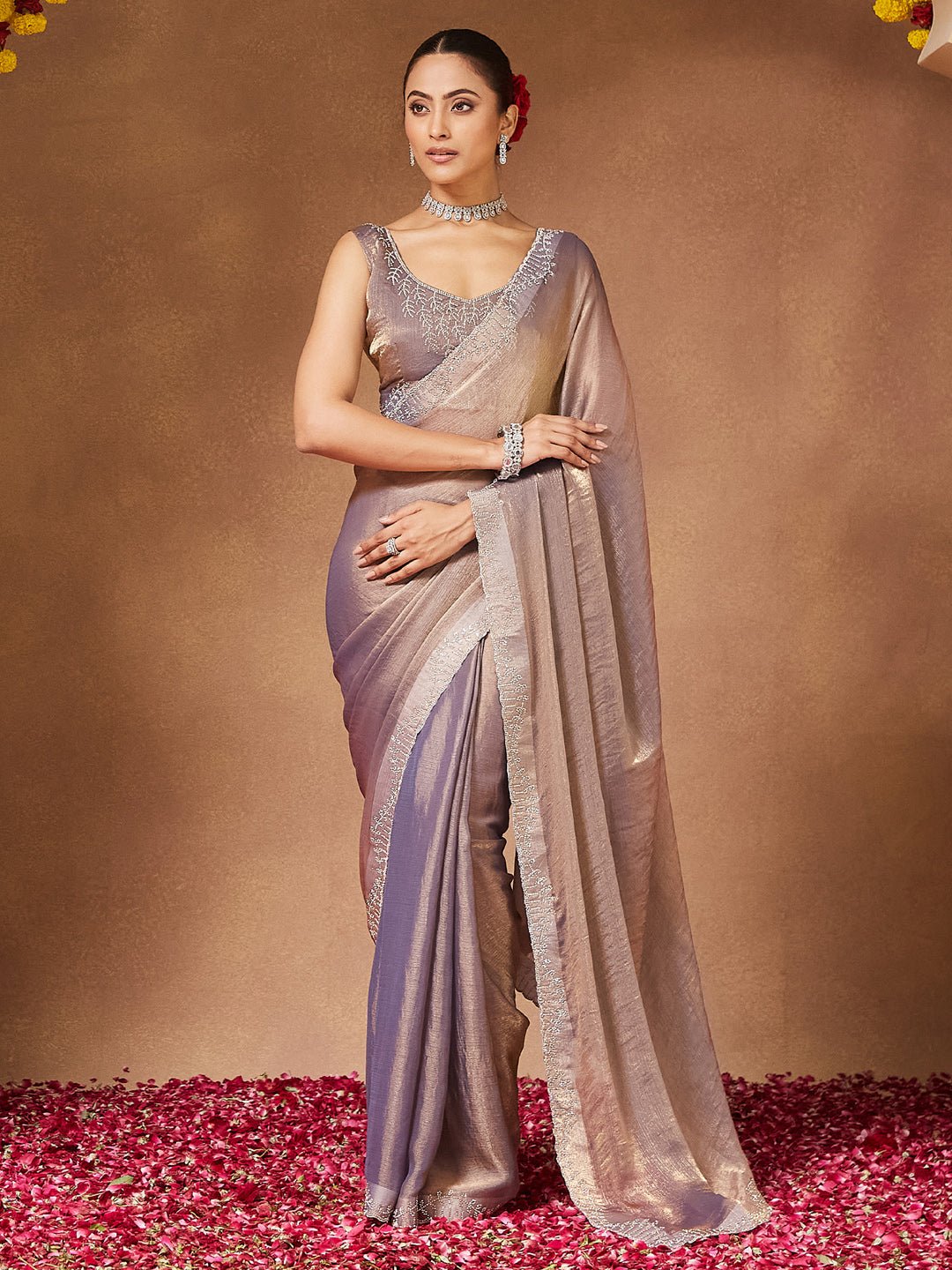 Lavender Grey Georgette Sequin Embroidered Border - Ressa