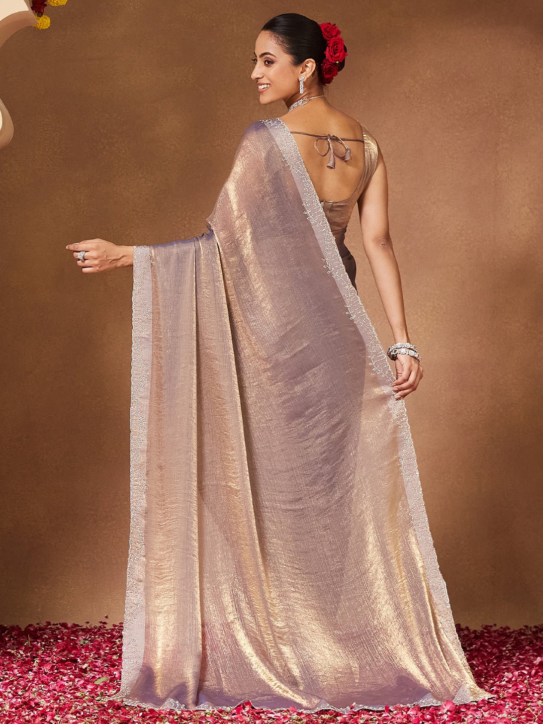 Lavender Grey Georgette Sequin Embroidered Border - Ressa