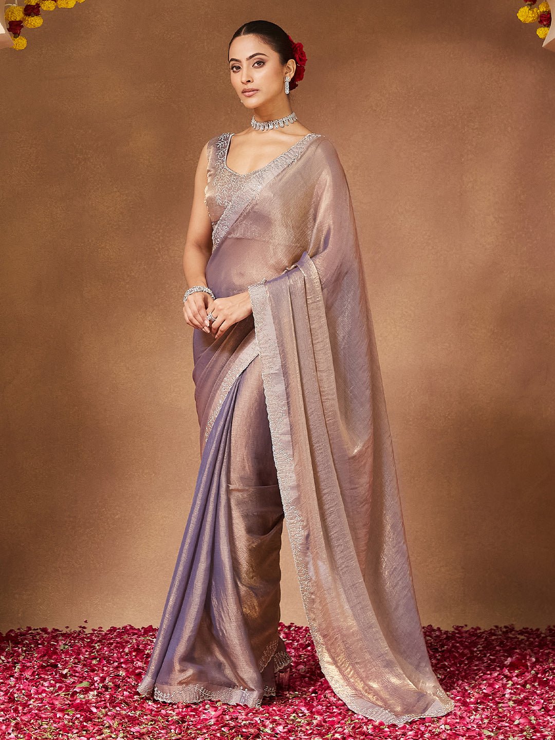 Lavender Grey Georgette Sequin Embroidered Border - Ressa