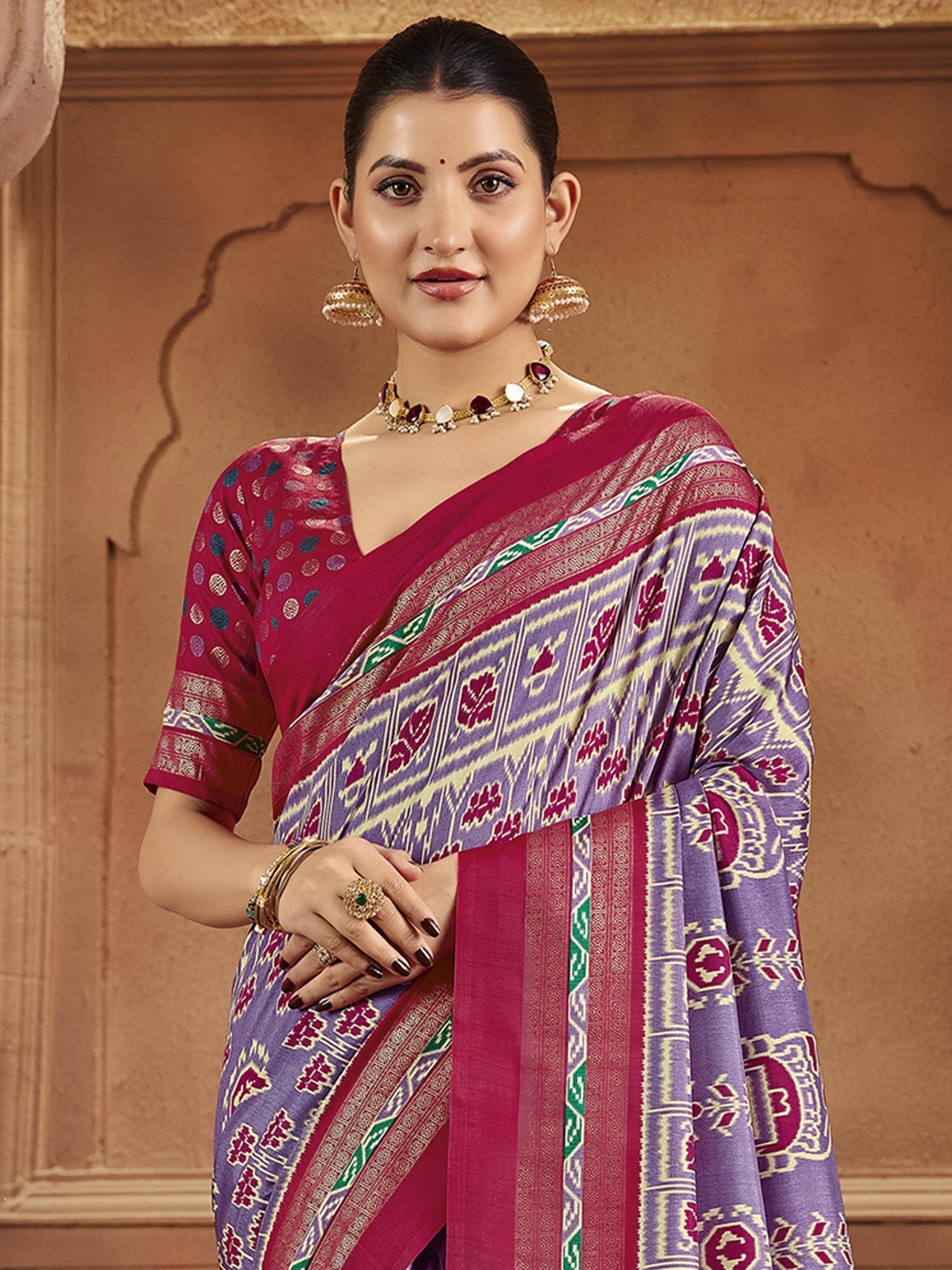Lavender & Magenta Patola Silk Saree with Ikat Weave - Ressa
