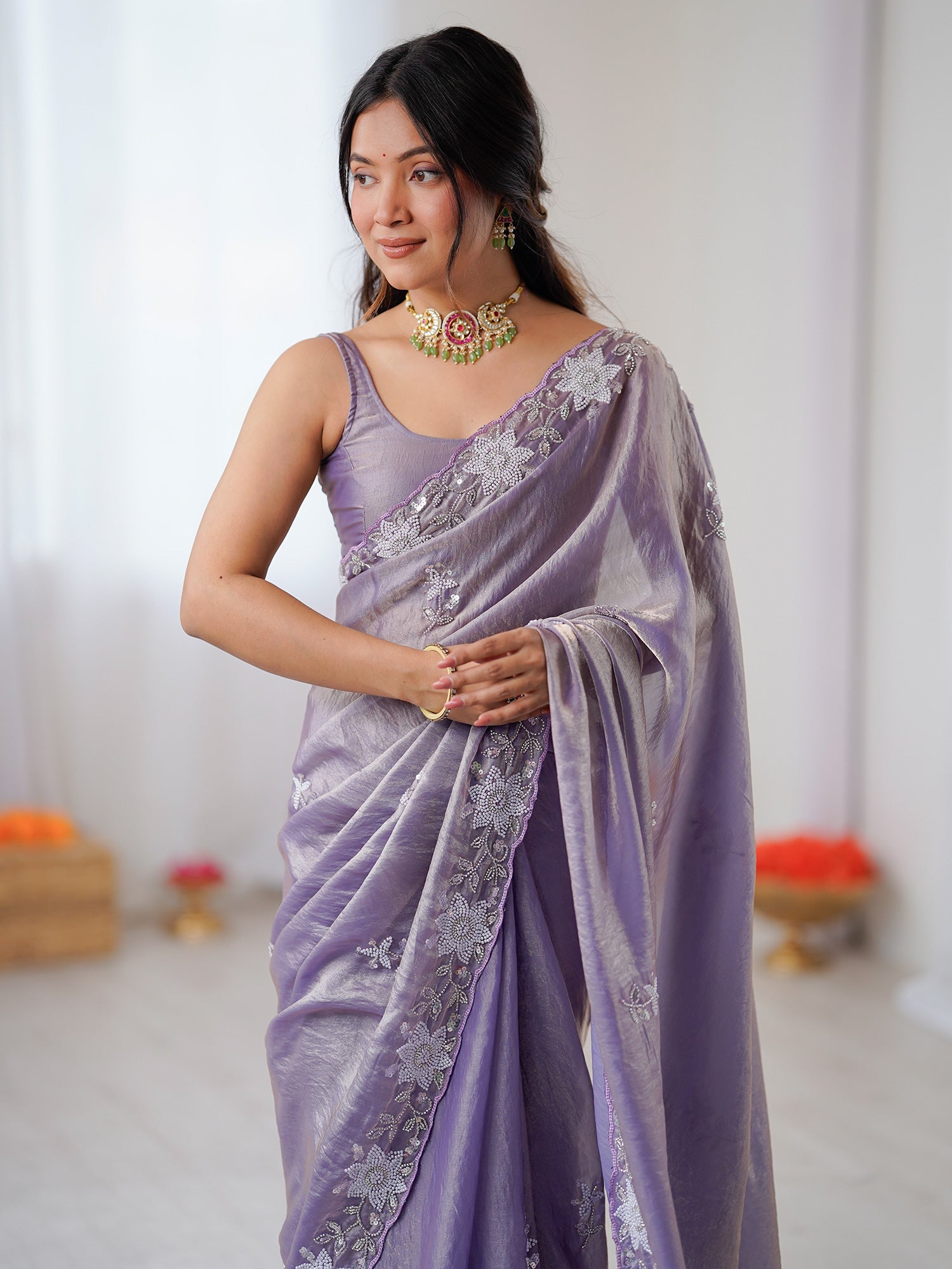 Lavender Metallic Tissue Silk Saree - Ressa
