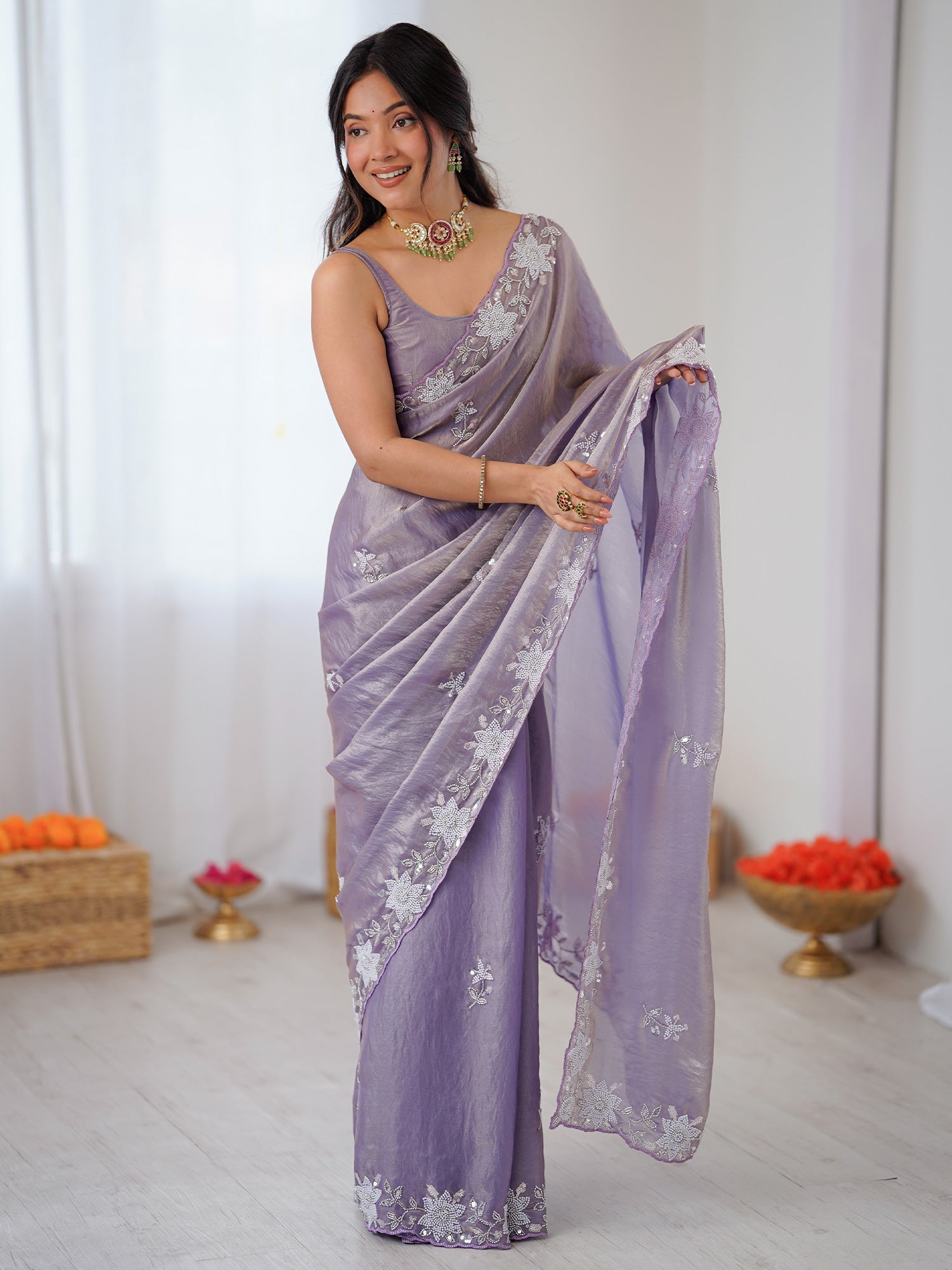 Lavender Metallic Tissue Silk Saree - Ressa