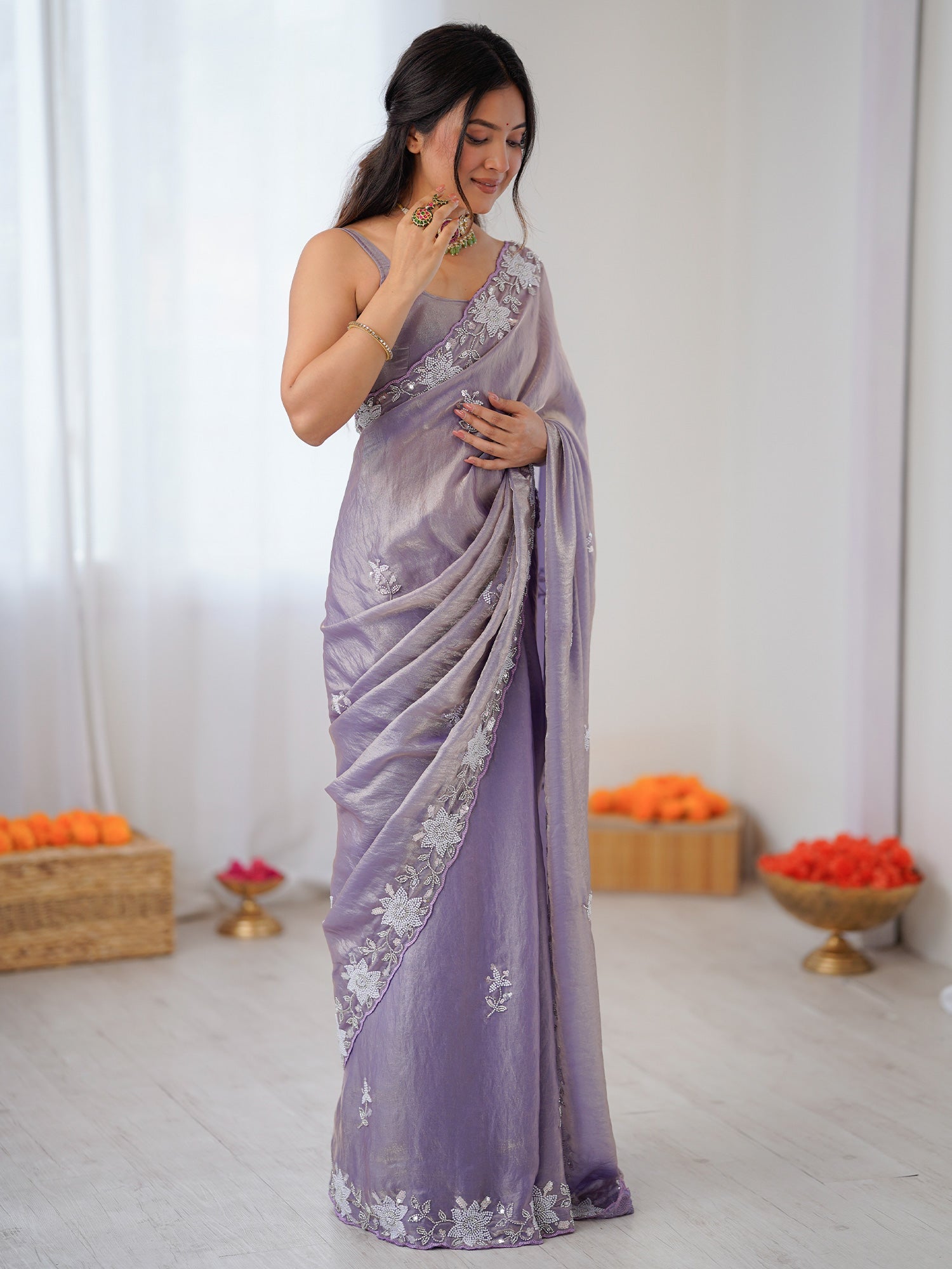 Lavender Metallic Tissue Silk Saree - Ressa