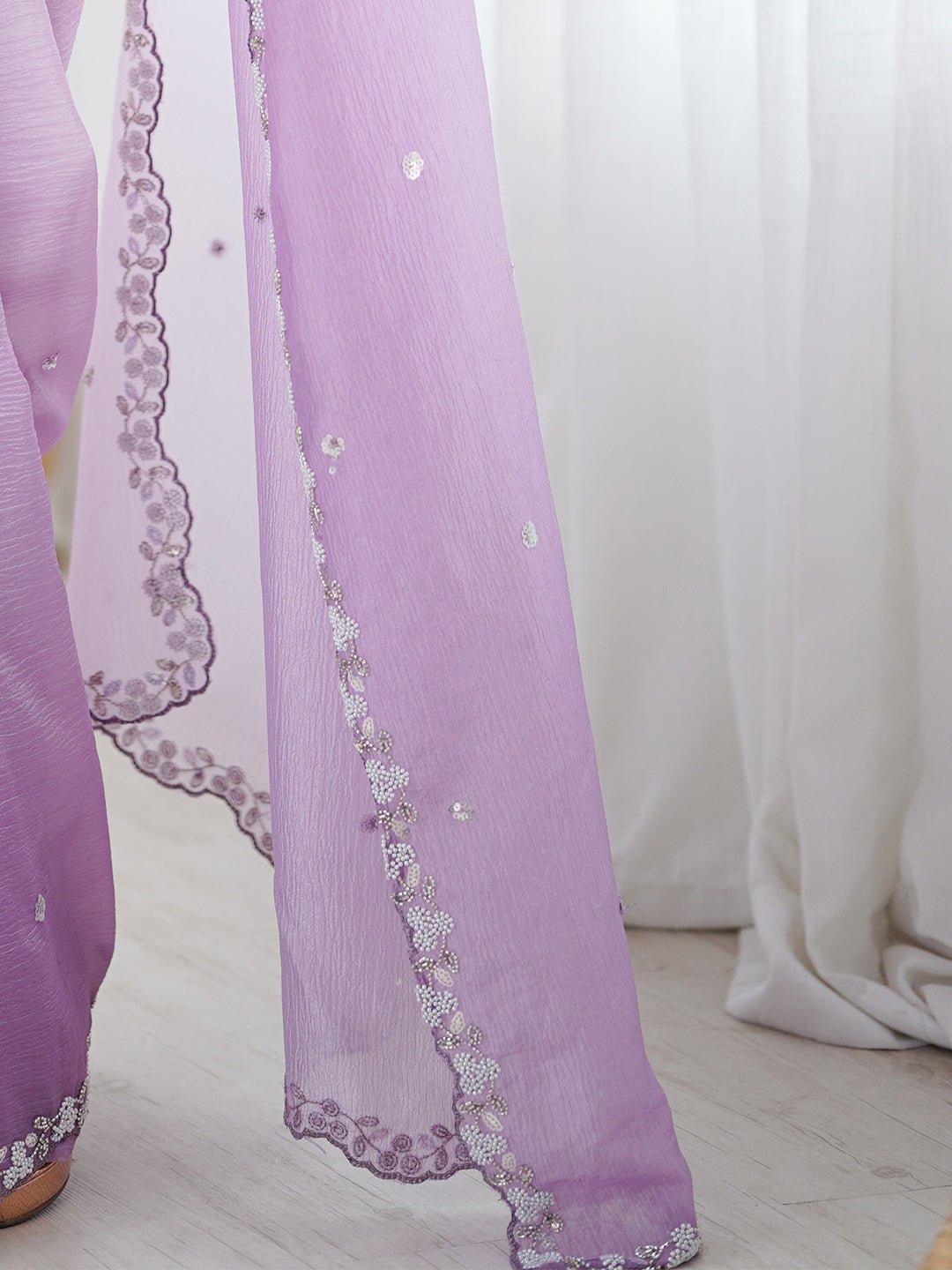 Lavender Ombre Chiffon Scalloped Border Saree - Ressa