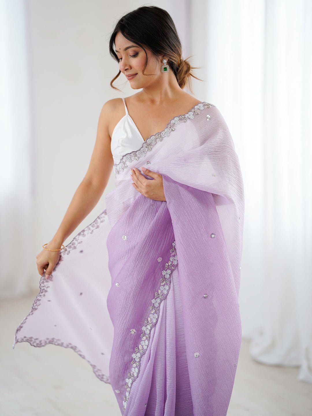 Lavender Ombre Chiffon Scalloped Border Saree - Ressa