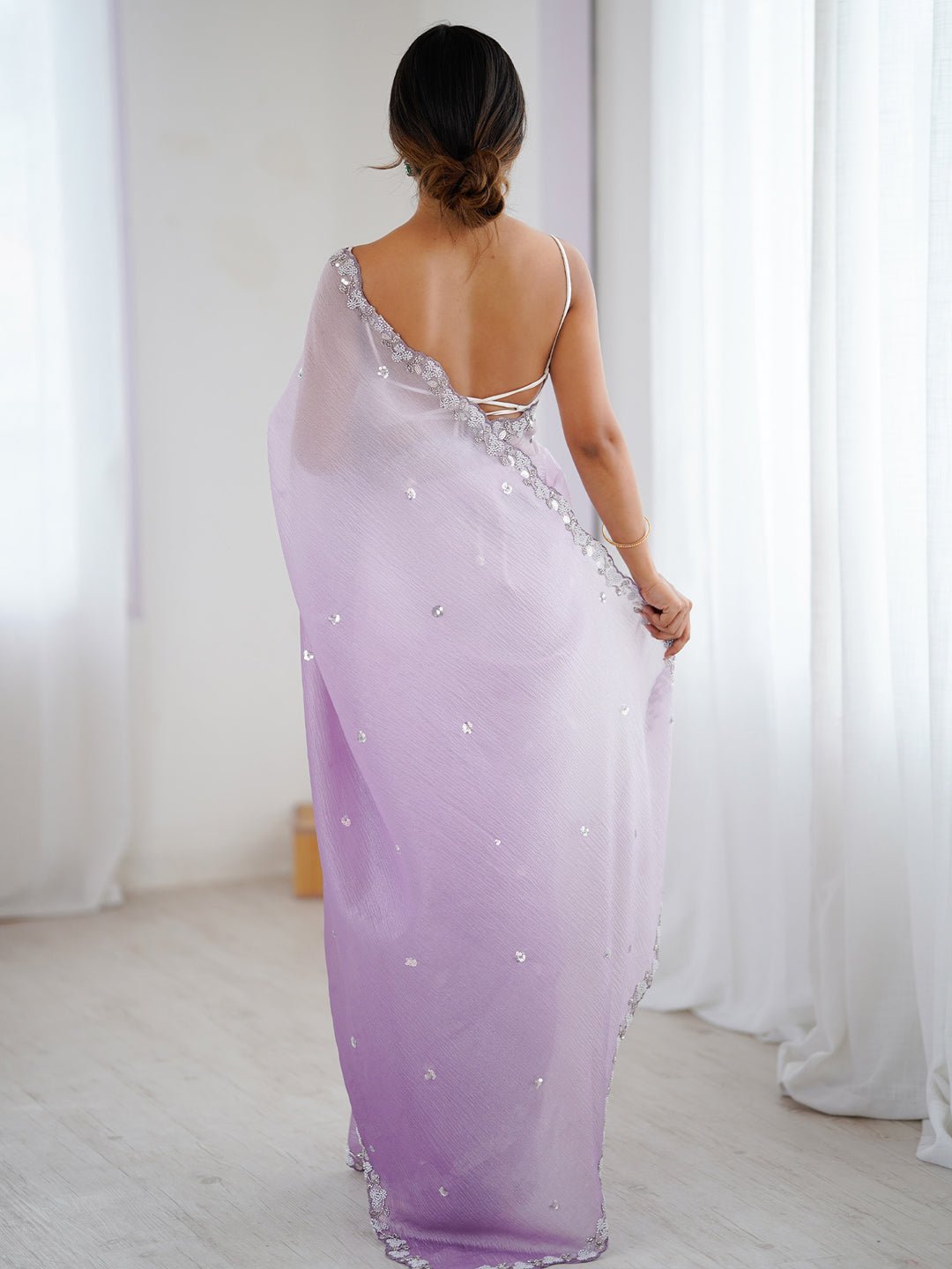 Lavender Ombre Chiffon Scalloped Border Saree - Ressa