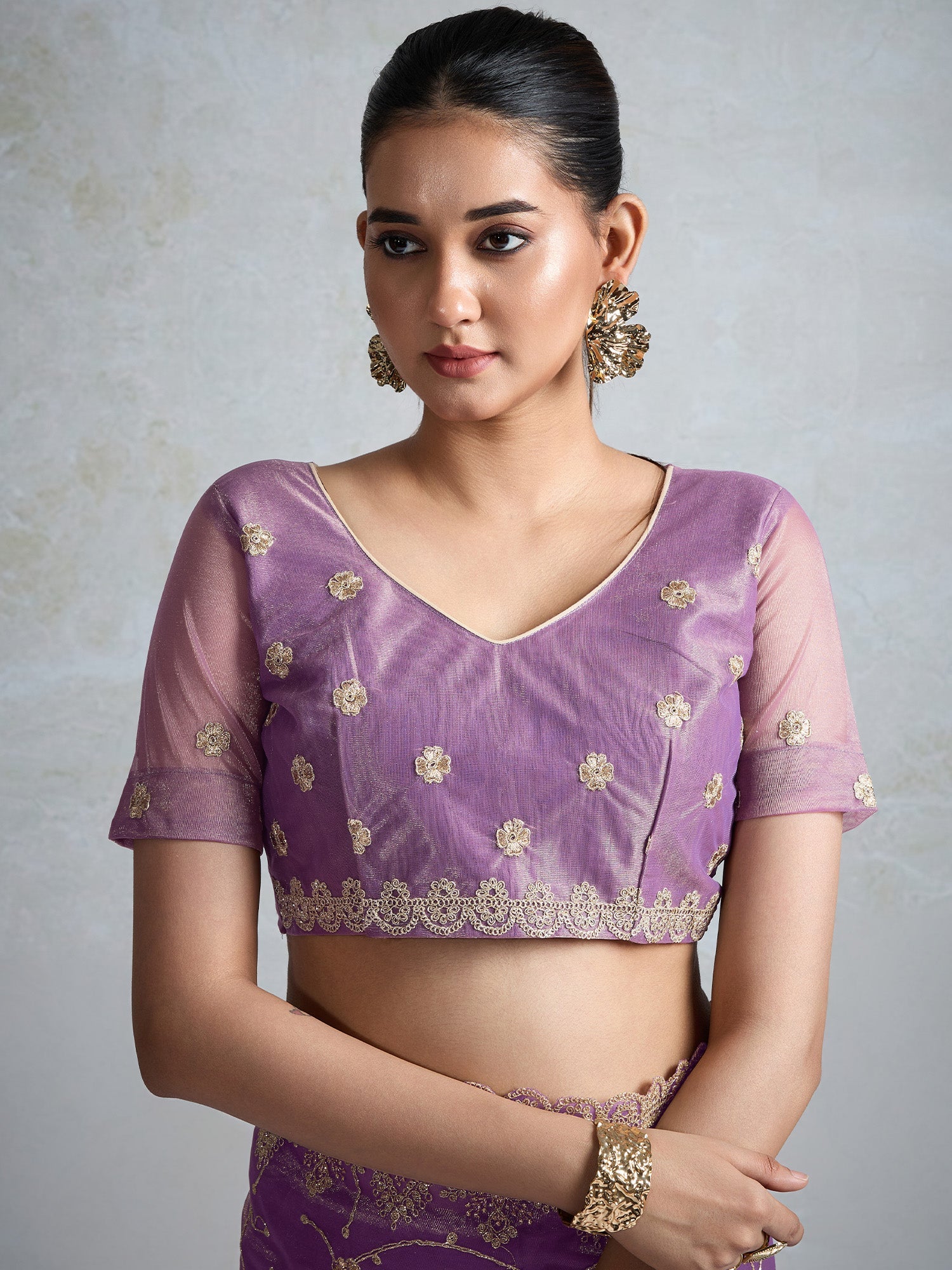 Lavender Organza Embroidered Saree with Gold Zari Border - Ressa