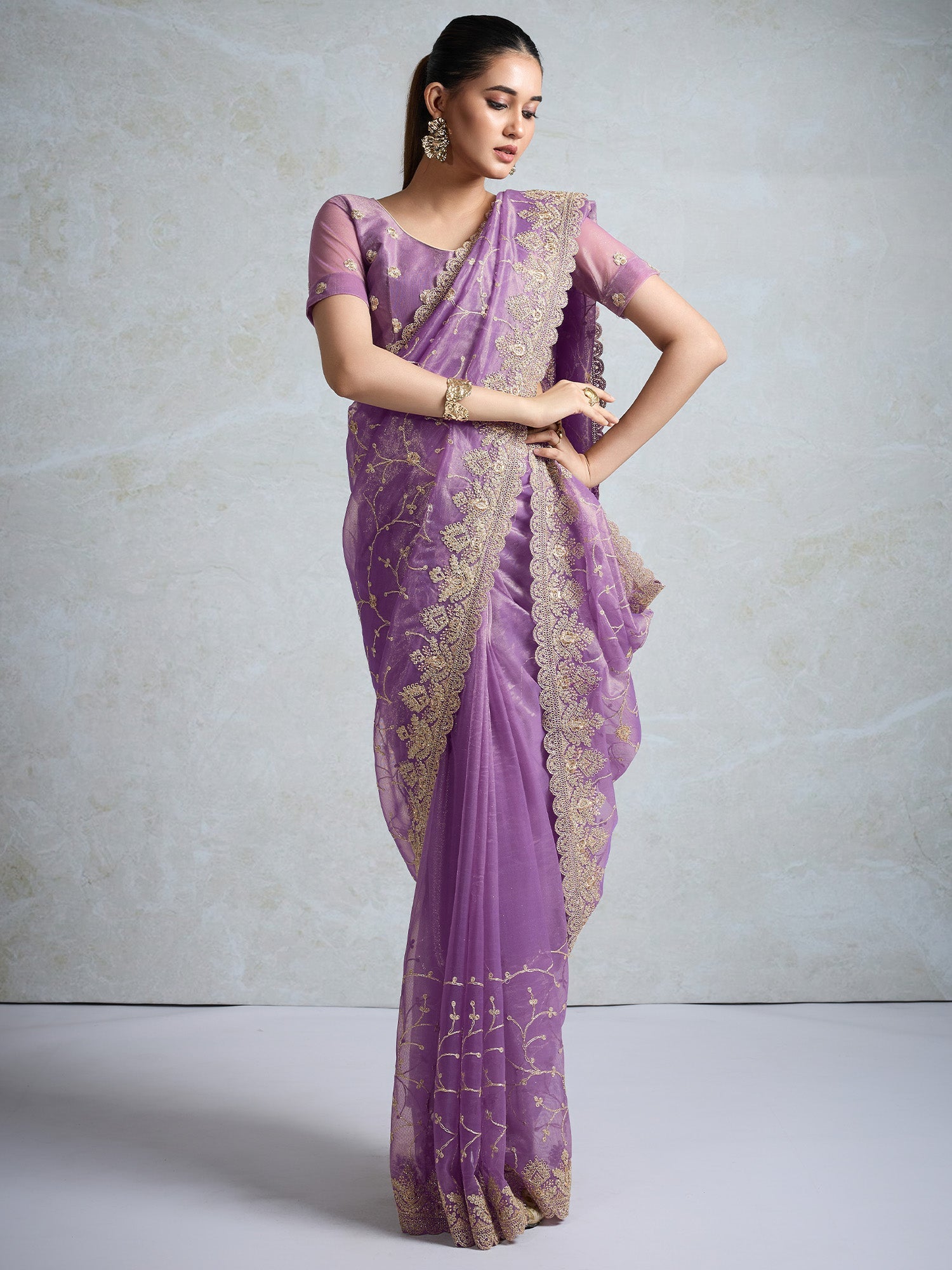 Lavender Organza Embroidered Saree with Gold Zari Border - Ressa