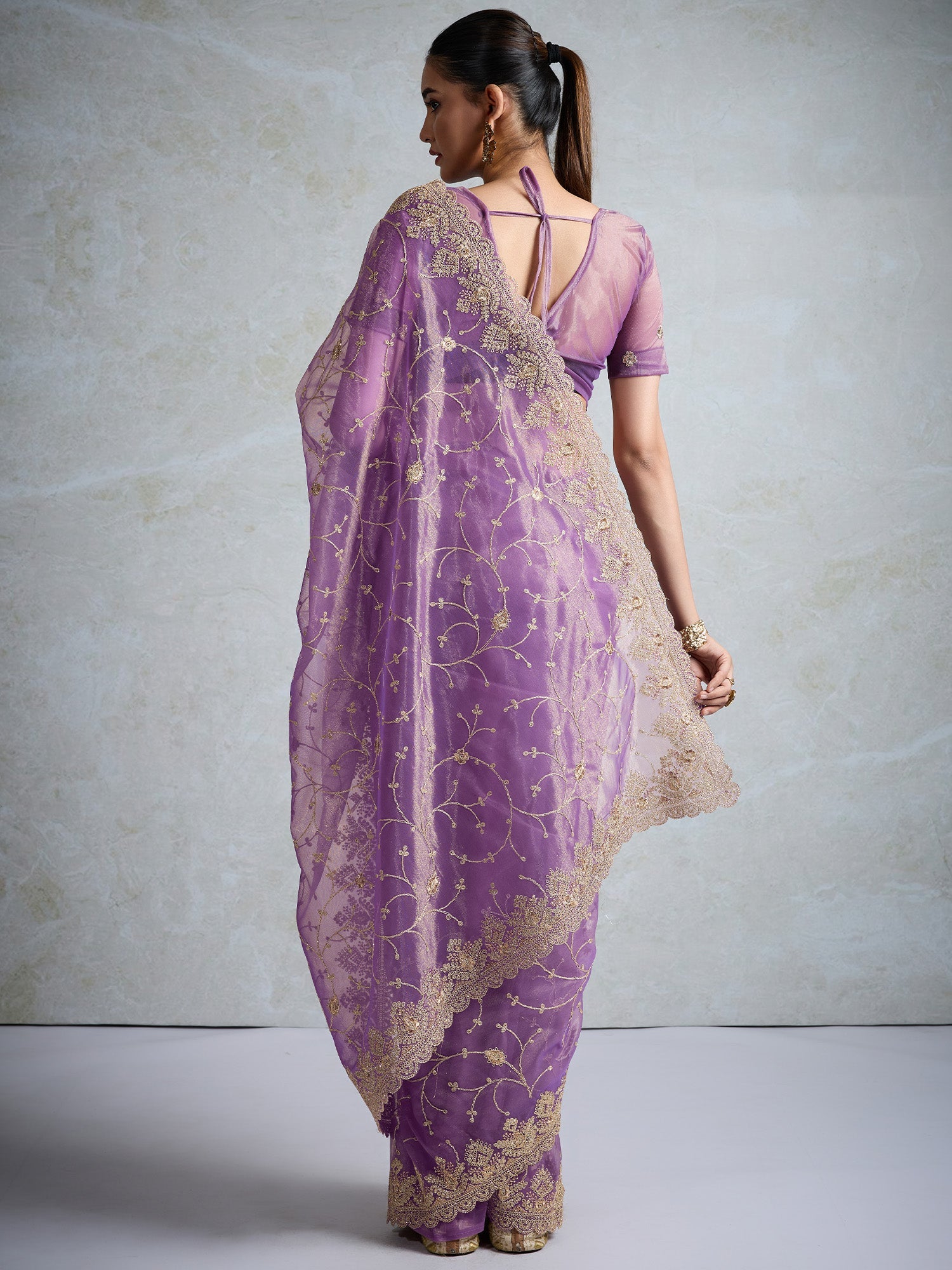 Lavender Organza Embroidered Saree with Gold Zari Border - Ressa