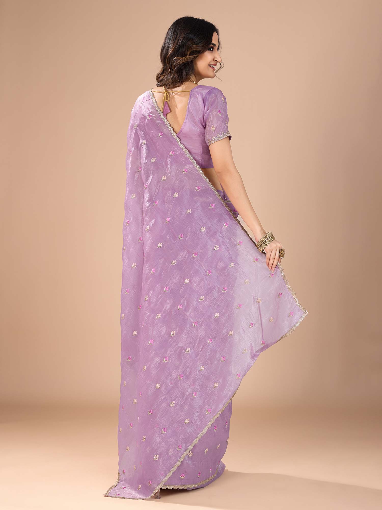 Lavender Organza Embroidered Saree with Stitched Blouse - Ressa