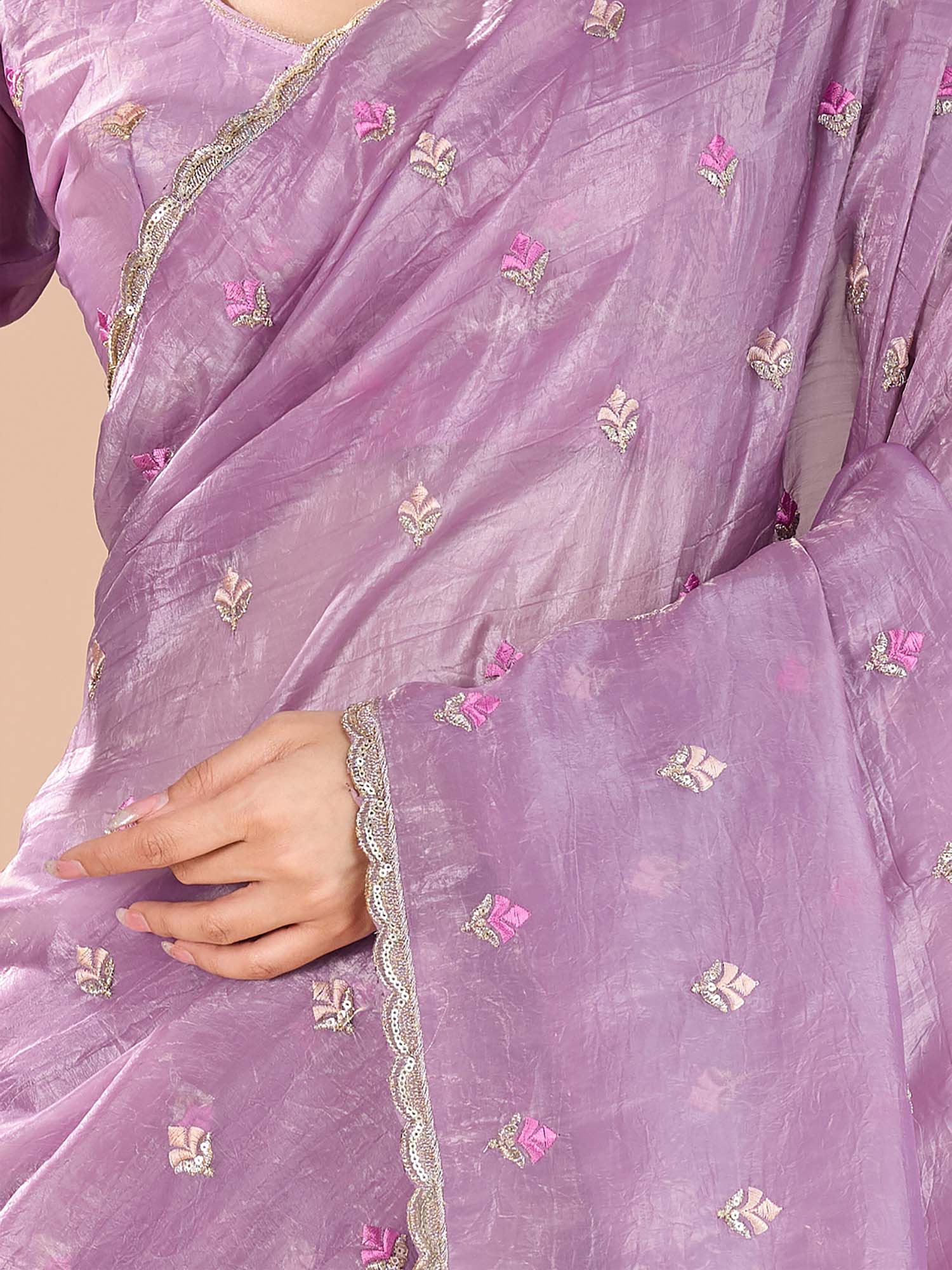 Lavender Organza Embroidered Saree with Stitched Blouse - Ressa